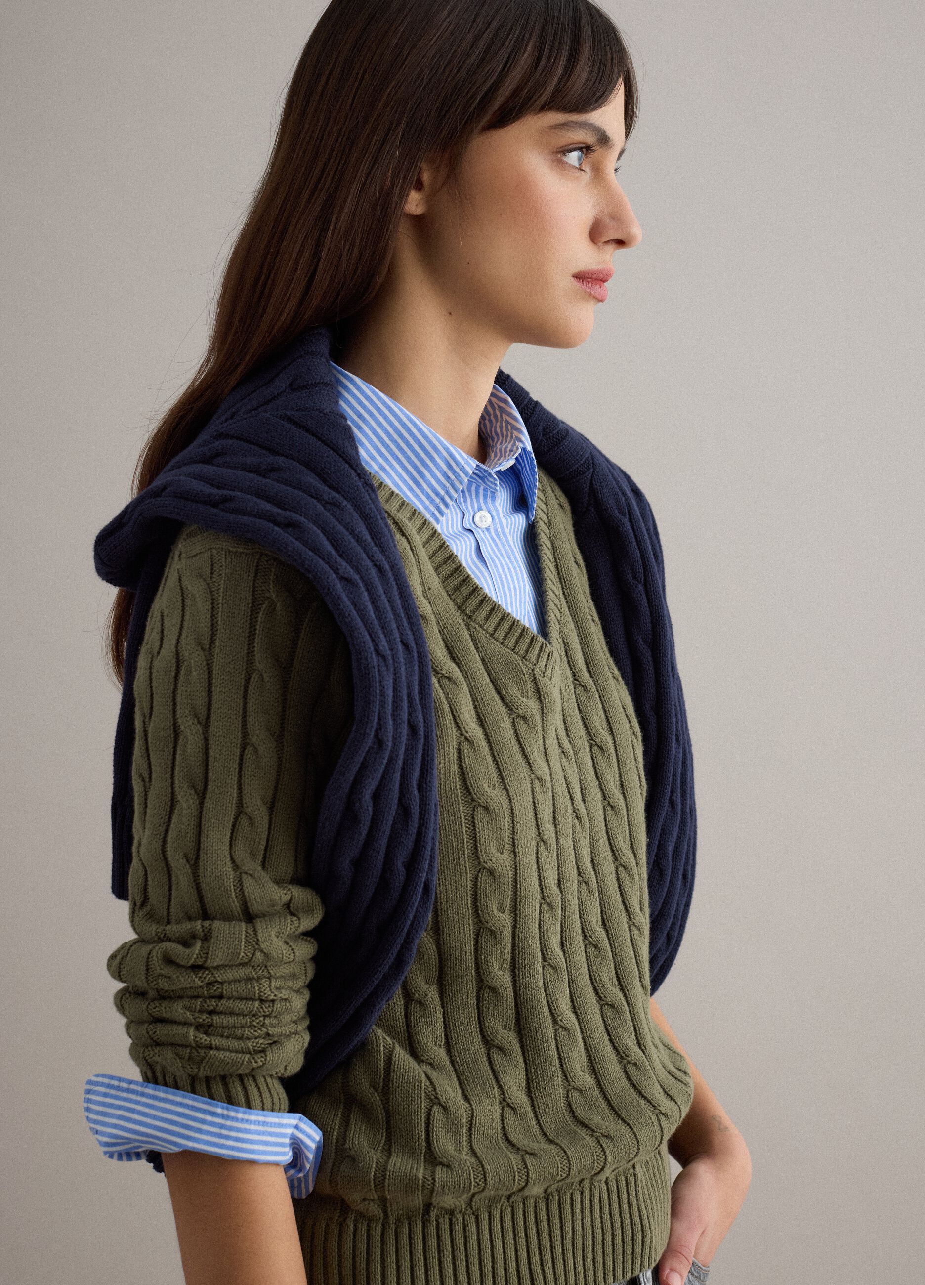 Green pure cotton regular fit pullover with cable knit