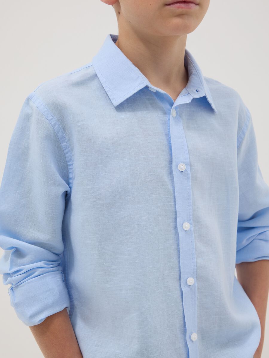 Boy's blue regular fit linen and cotton blend shirt_1