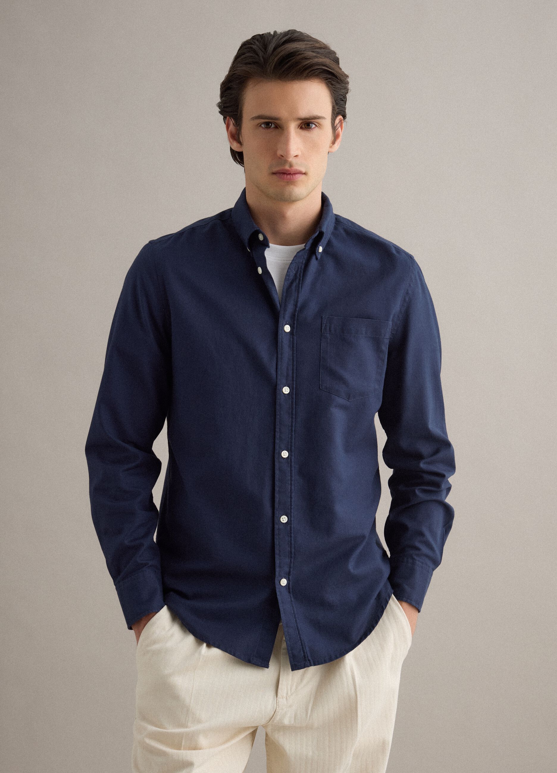 Long-sleeved blue shirt in pure cotton