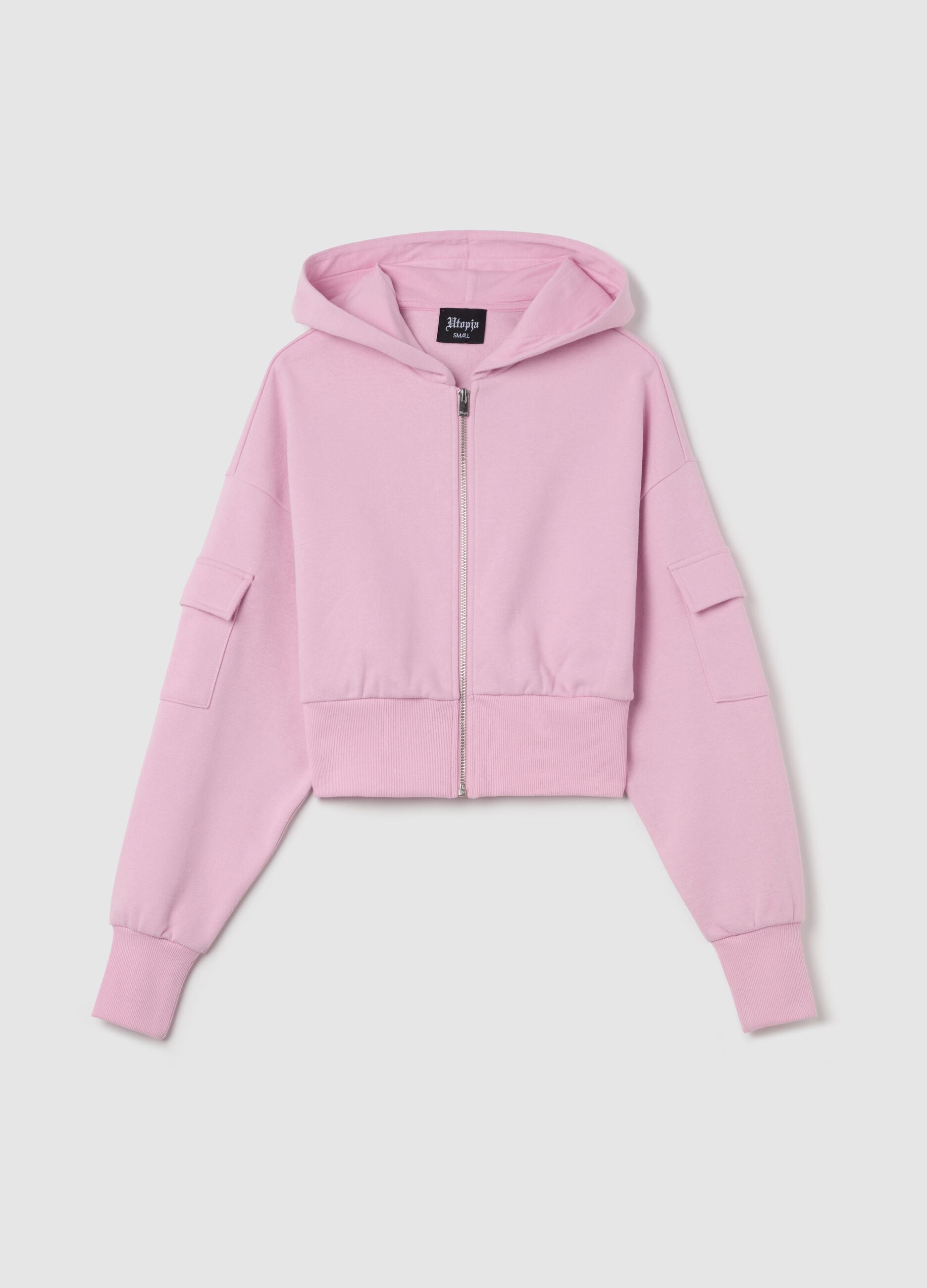 Crop Cargo Zip Hoodie Light Pink