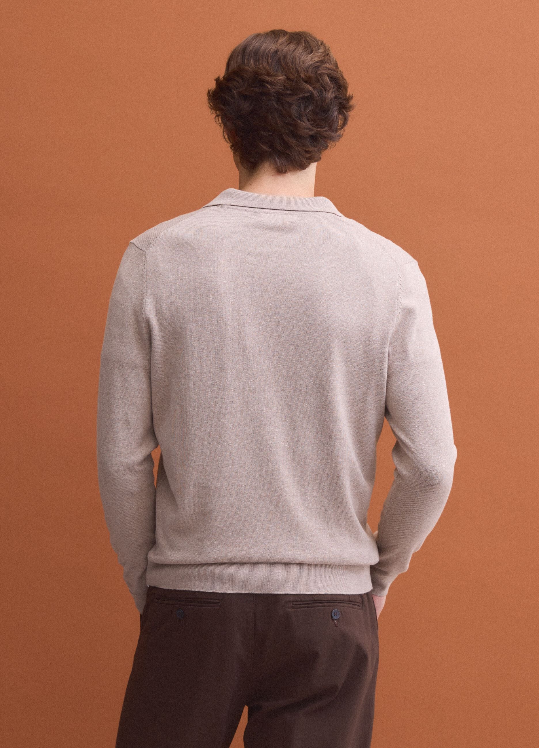 Beige long-sleeve pure cotton polo shirt