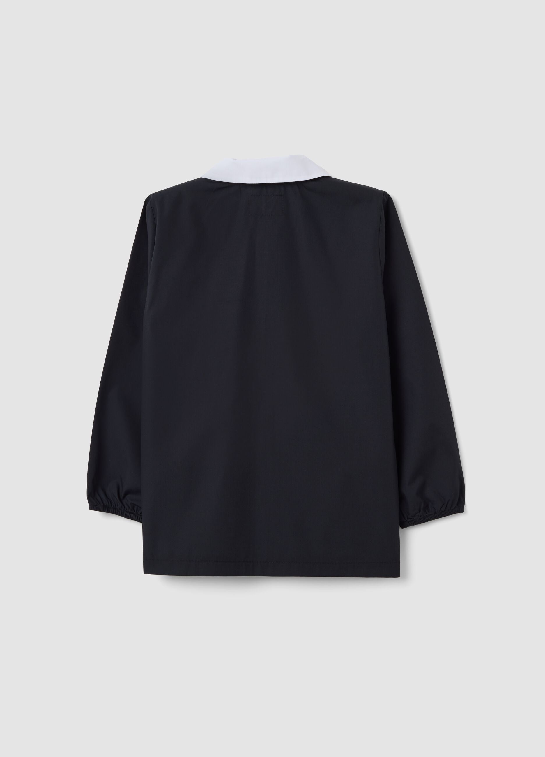 Black school apron with zip and go-kart embroidery for boys