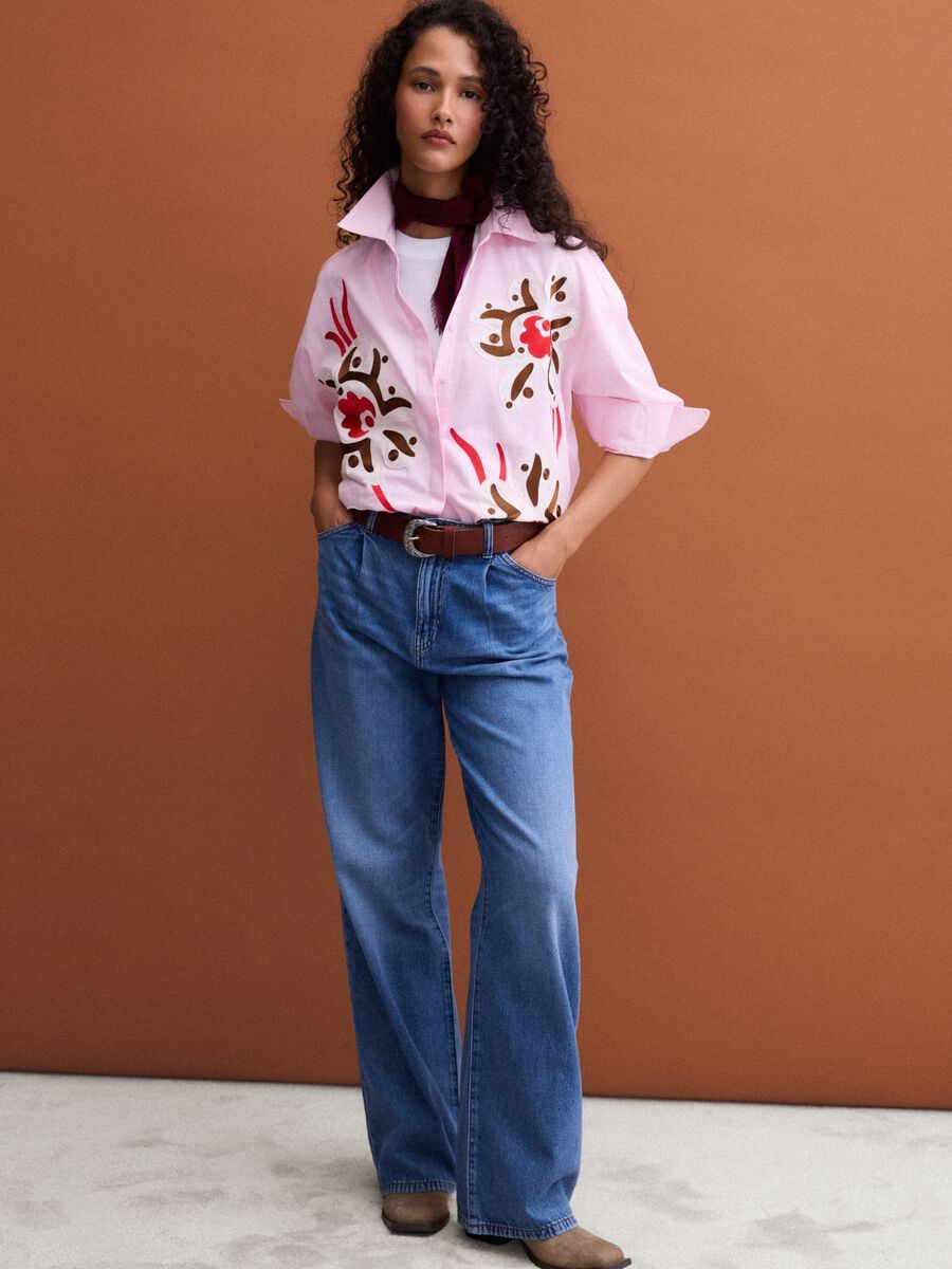 High-waisted wide-leg blue jeans in pure cotton_0