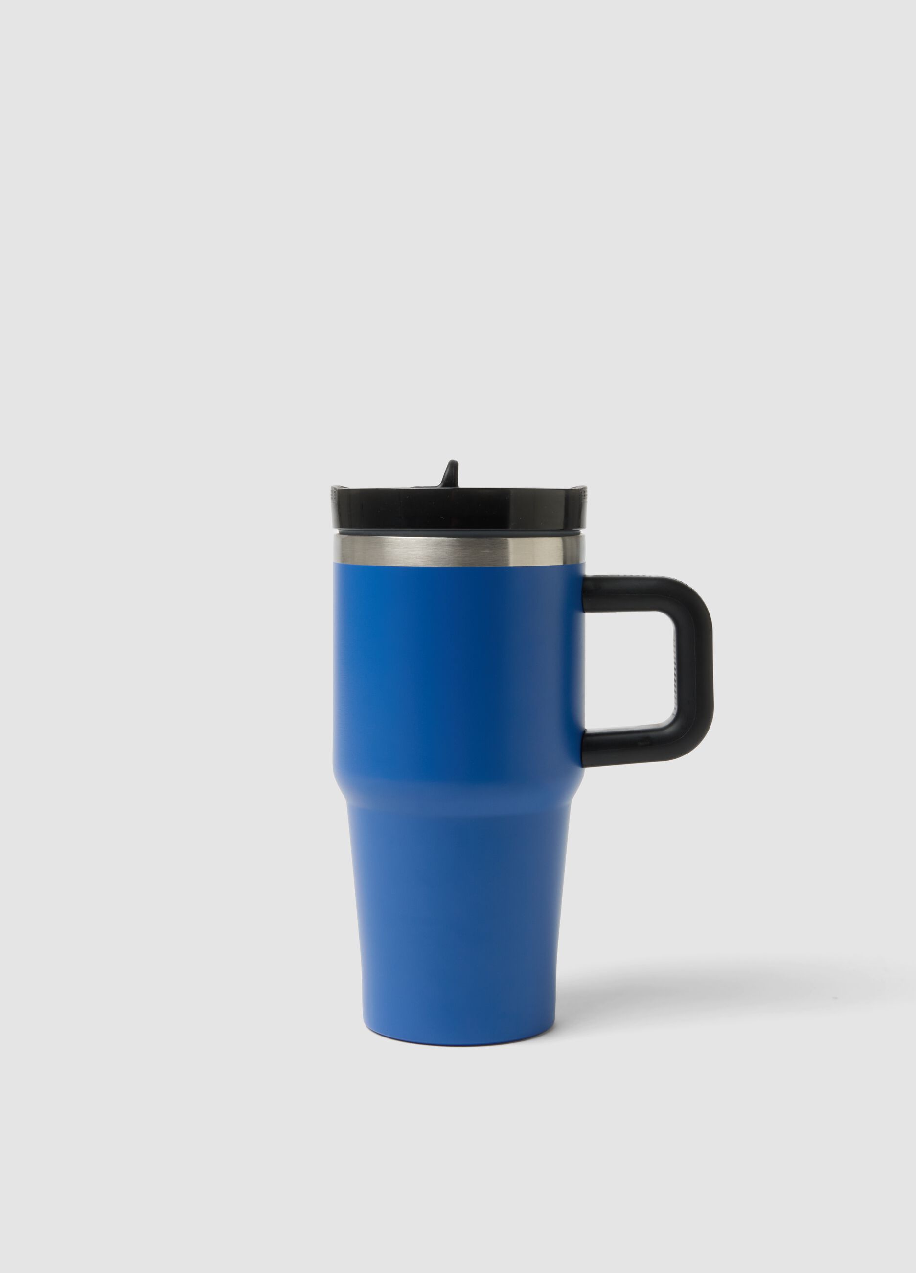 Blue insulated bottle with handle and straw