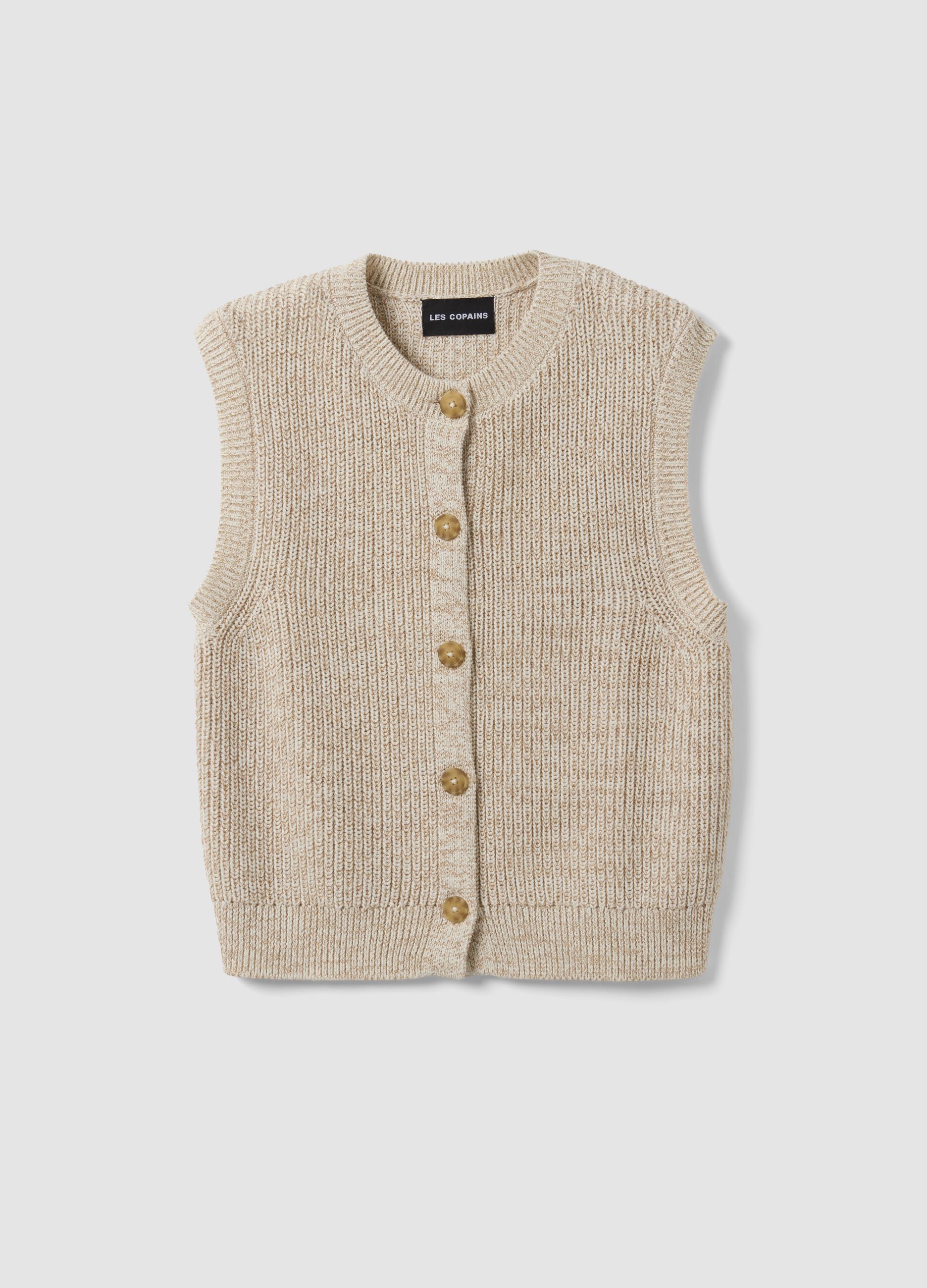 White pure cotton knitted gilet with crew neck, regular fit
