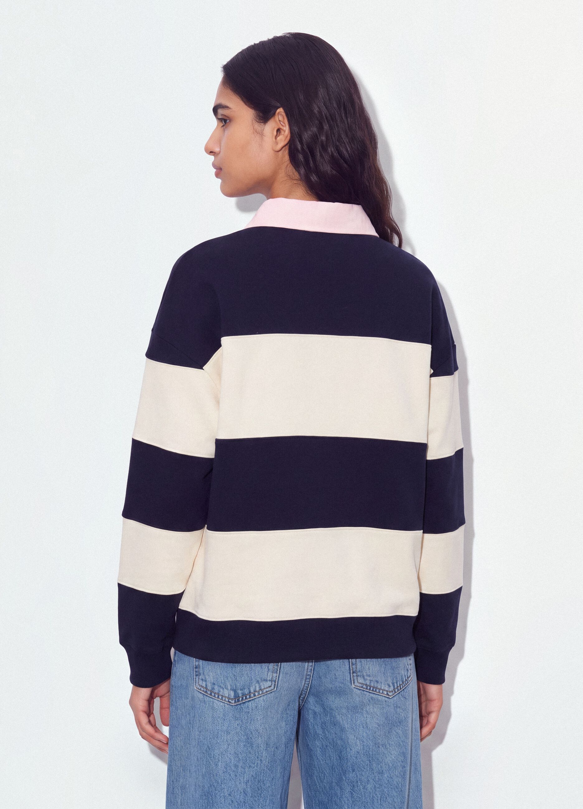 Sweatshirt azul &agrave;s riscas em mistura de algod&atilde;o com colarinho, relaxed fit