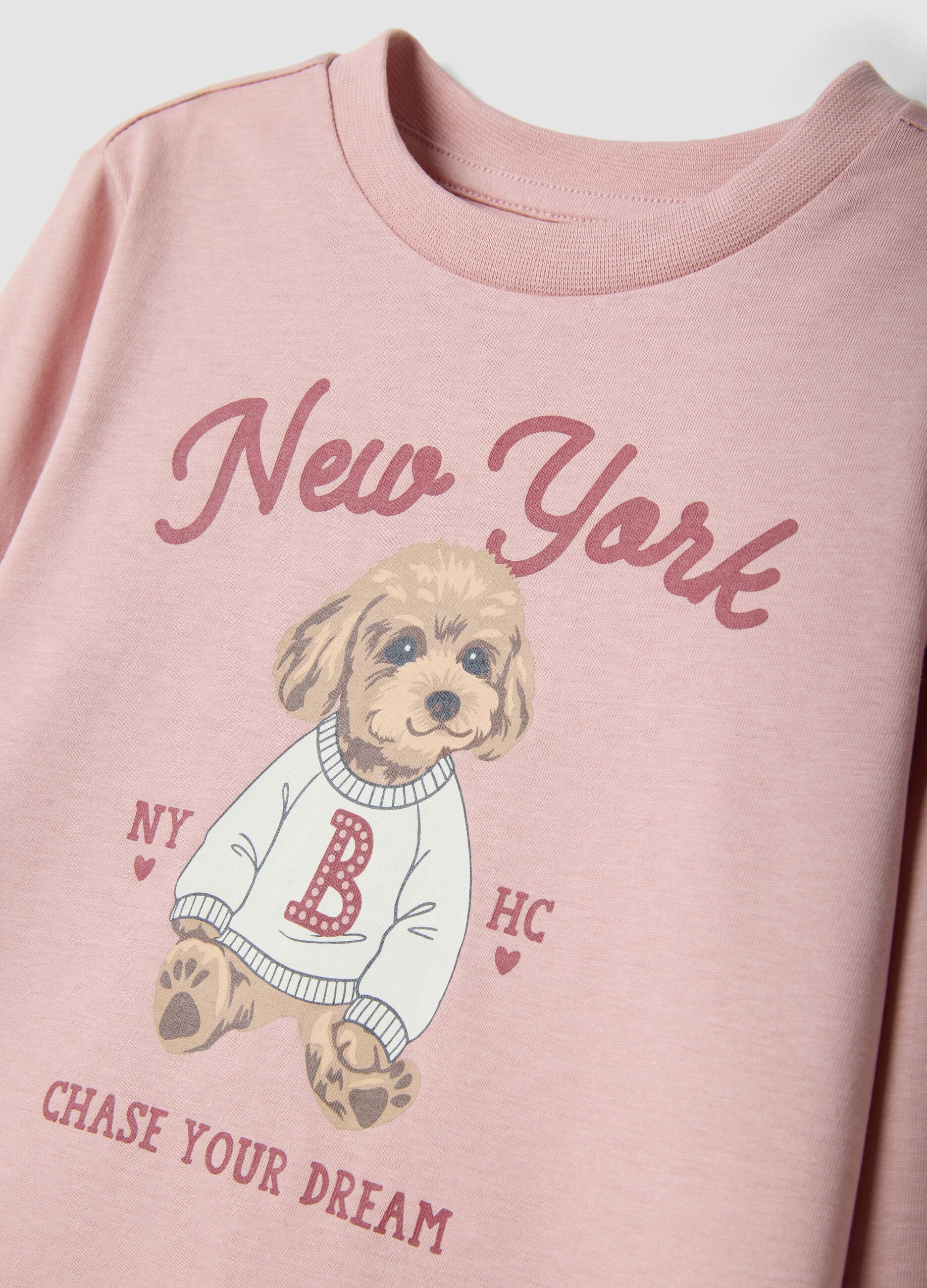 Pink organic cotton T-shirt with puppy print for girls