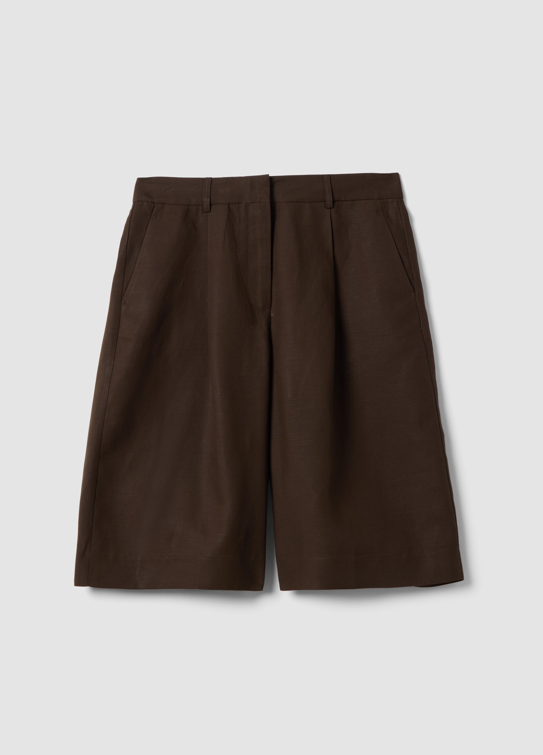 Brown regular fit lyocell and linen blend shorts
