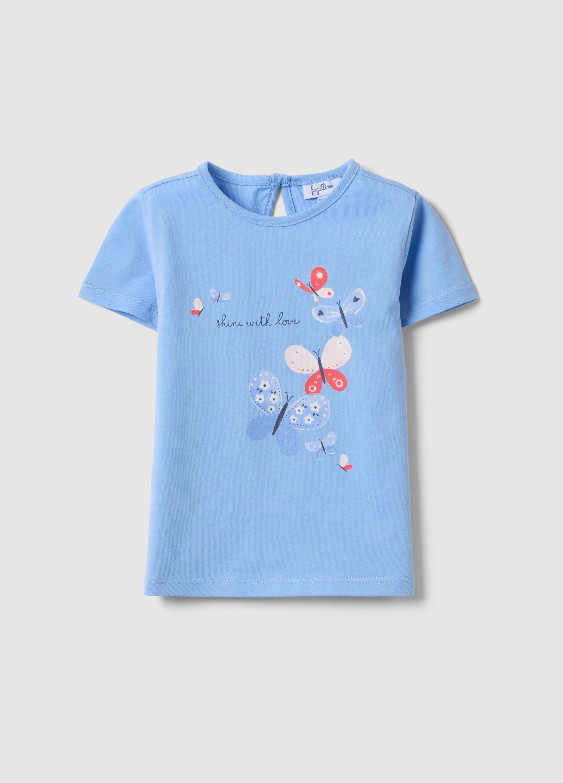 T-shirt in puro cotone azzurra da bimba regular fit con farfalle
