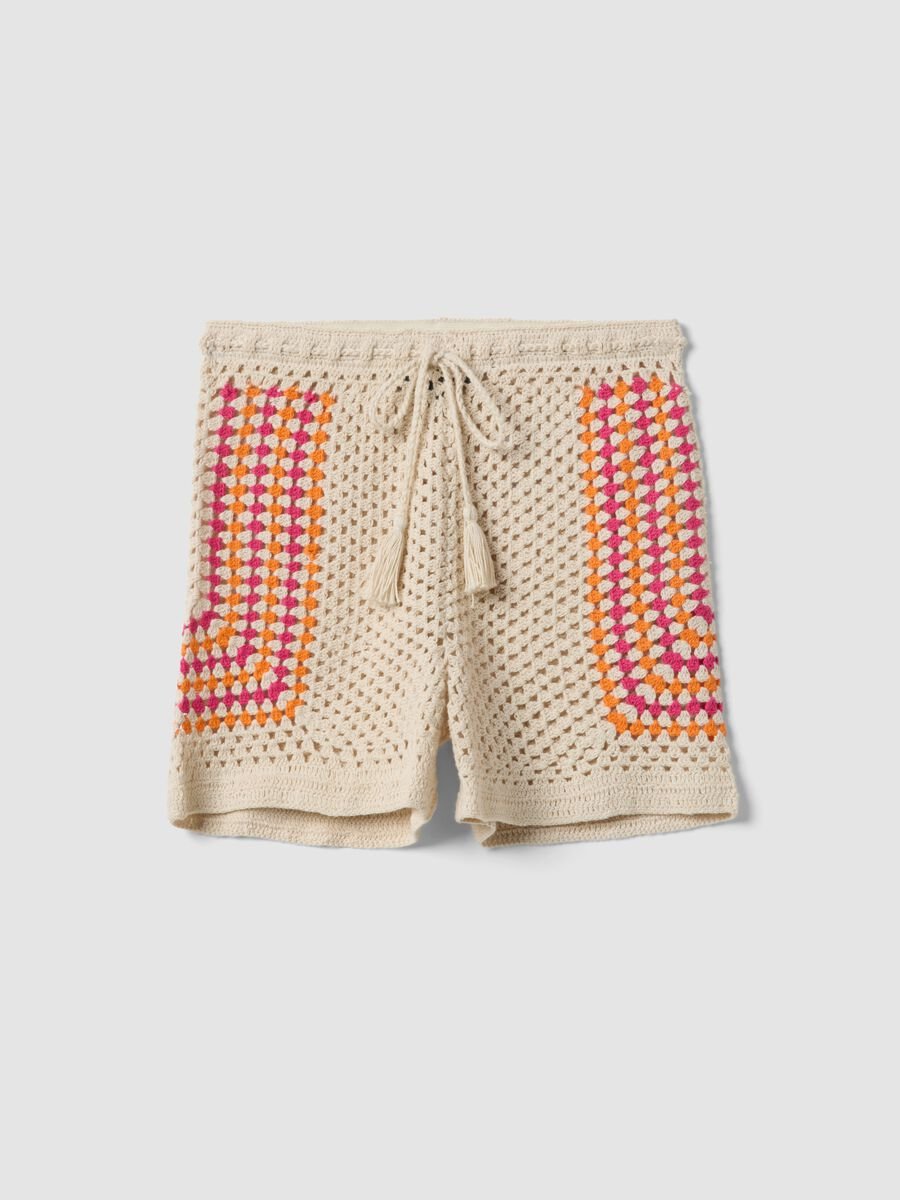 Beige pure cotton crochet shorts_4