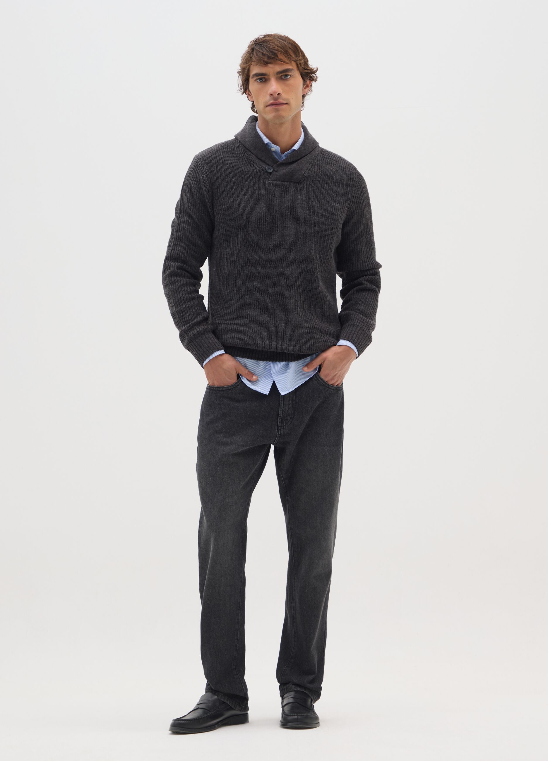 Grey Shawl Collar Sweater Regular Fit