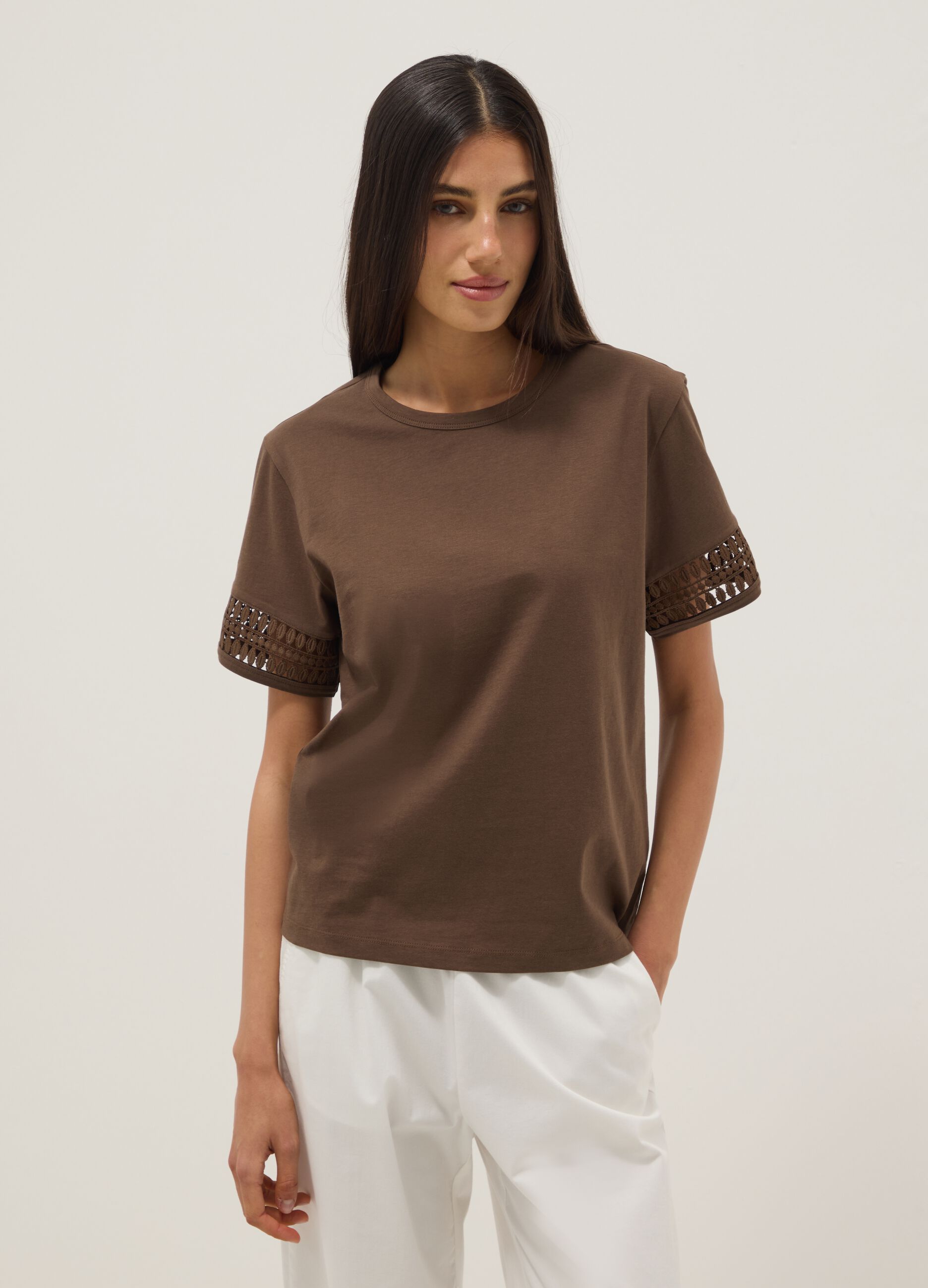 Brown pure cotton short-sleeve T-shirt