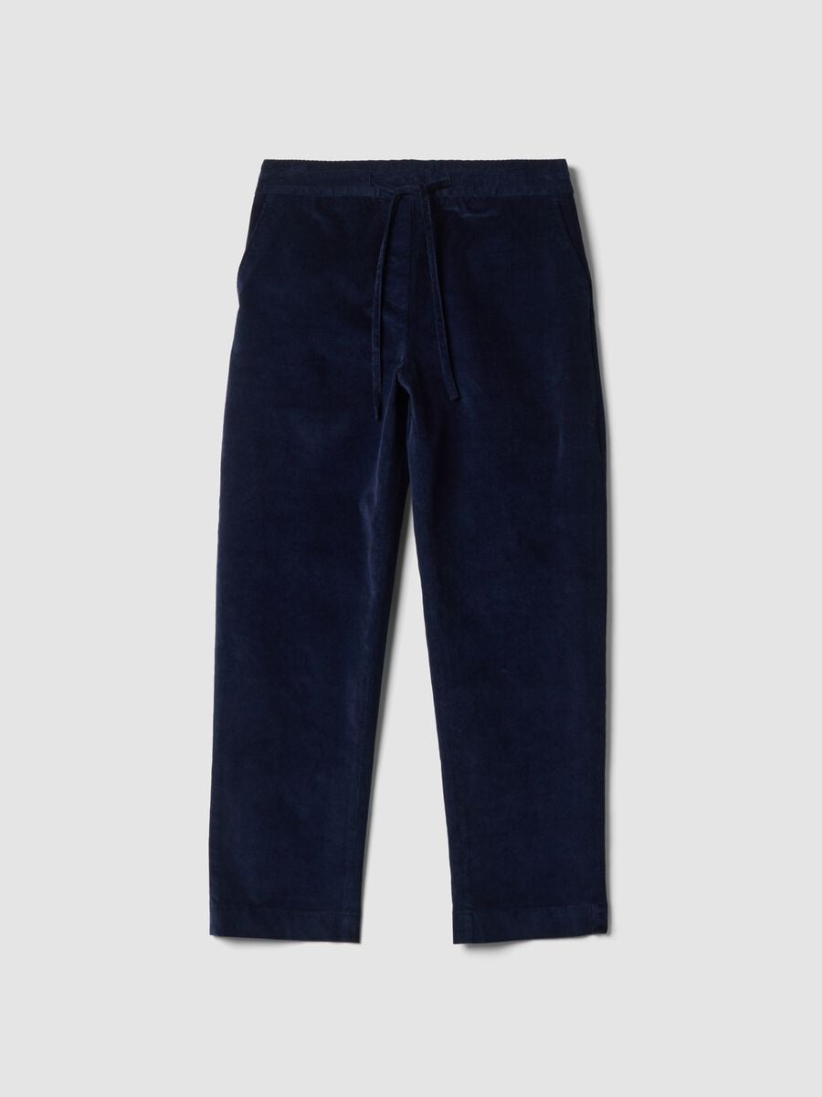 Pantaloni blu in cotone elasticizzato a coste con vita elasticizzata_4