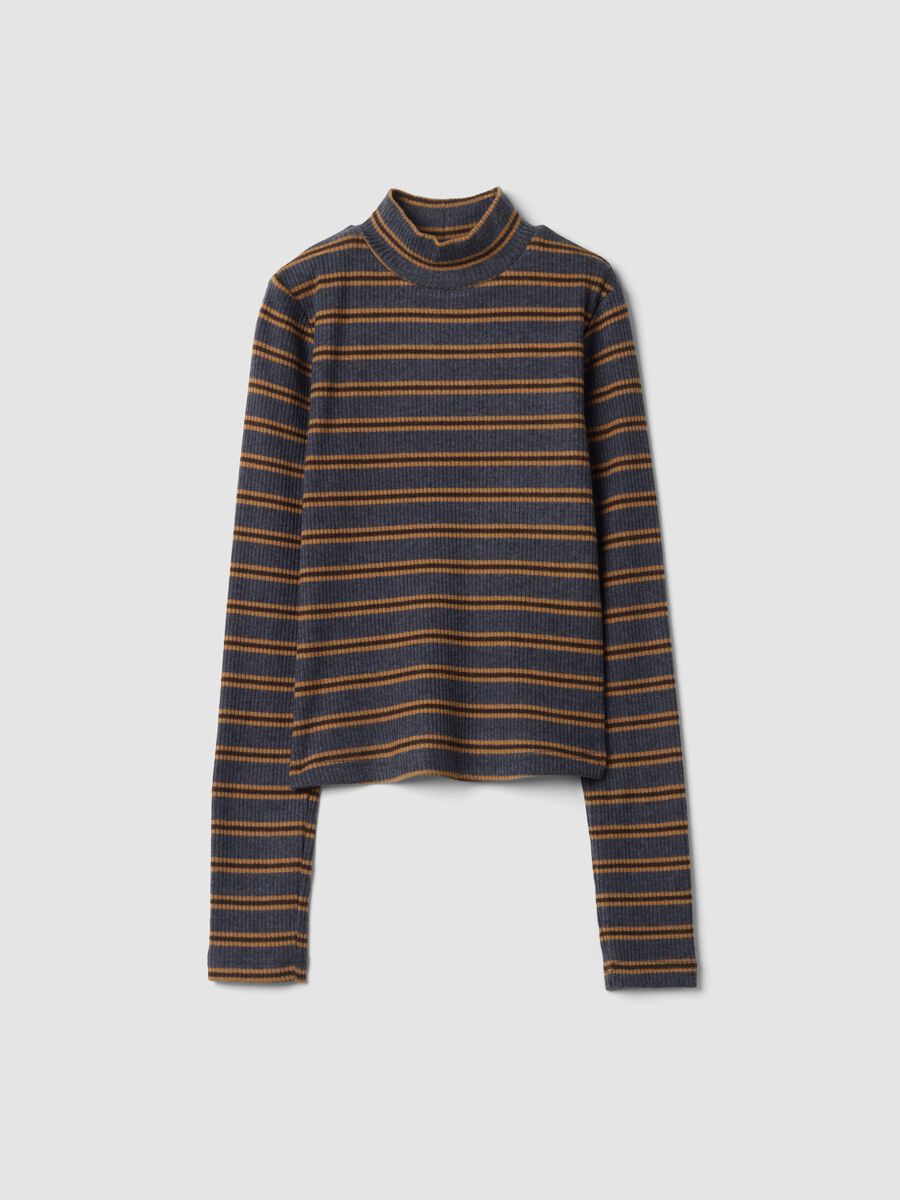 Blue striped stretch-fabric T-shirt with funnel neck_0