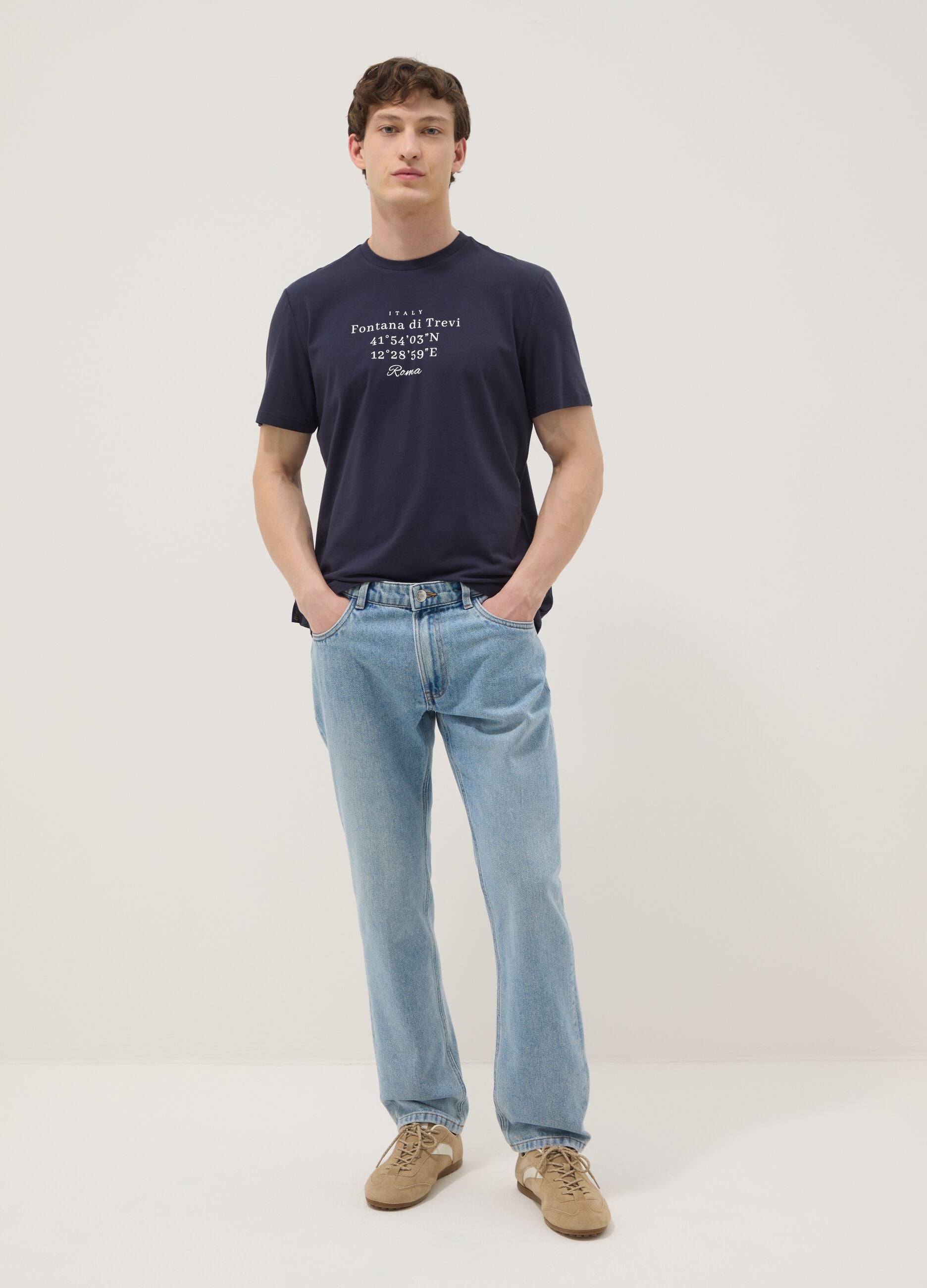 Blaues T-Shirt aus reiner Baumwolle mit Frontprint, Regular Fit