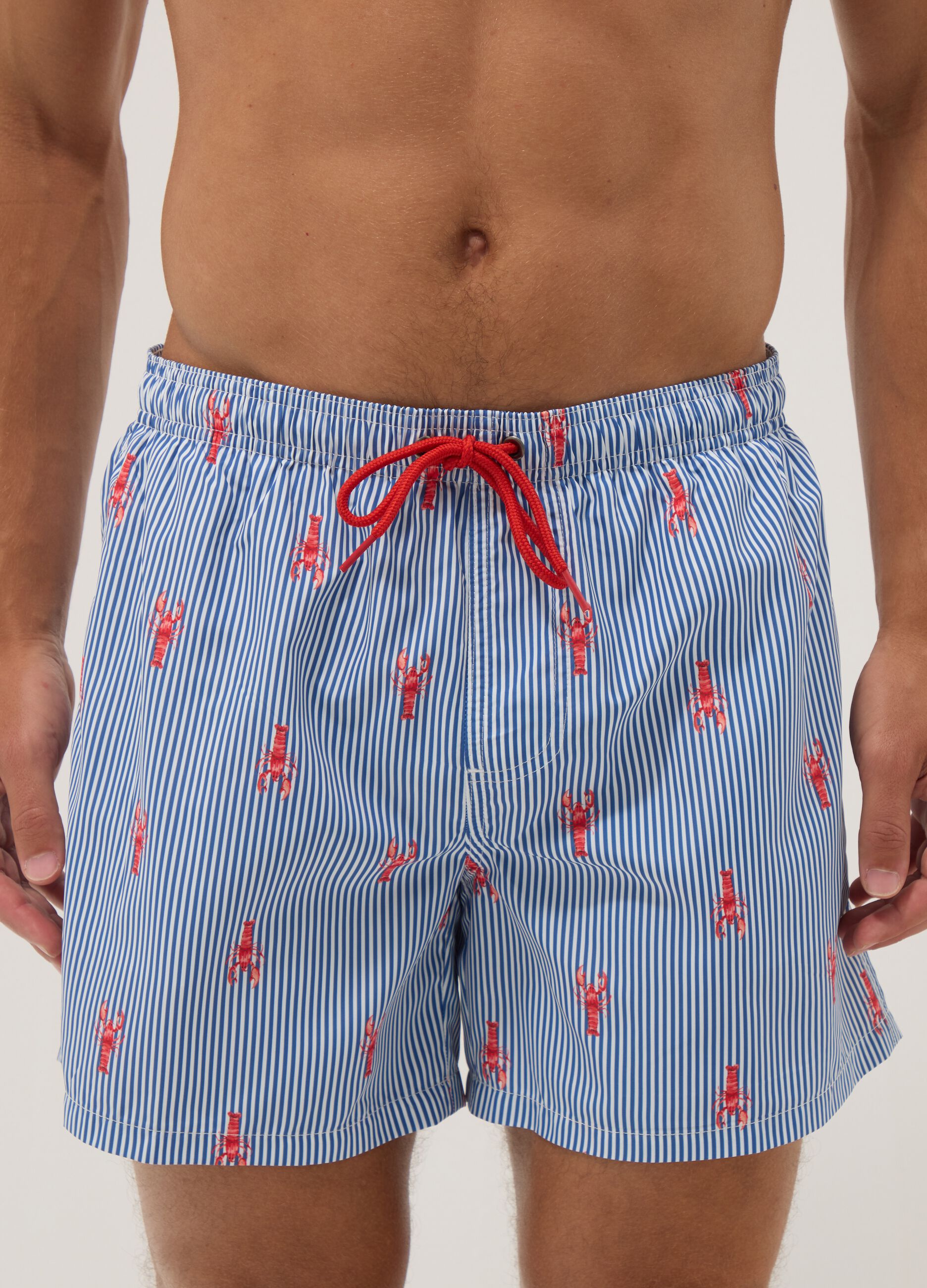 Blue striped swim shorts with lobster print