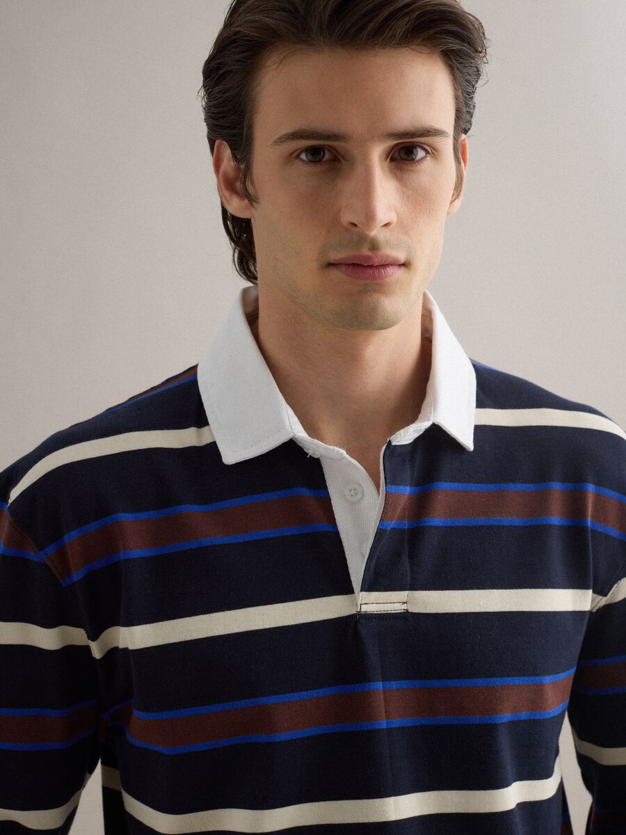 Long sleeve pure cotton polo with multicolour stripes, regular fit_3