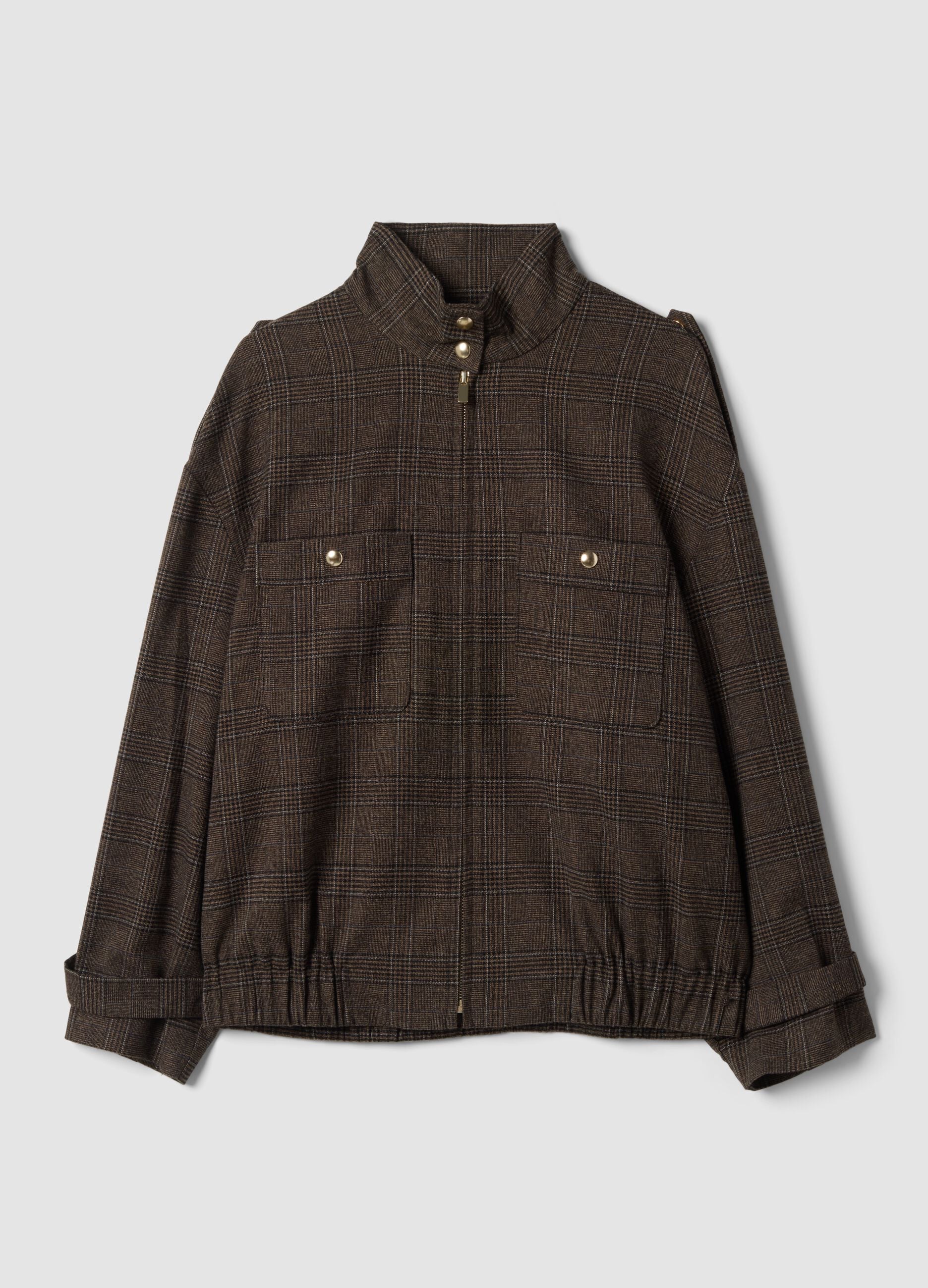 Brown checked stretch viscose shacket with oversized fit
