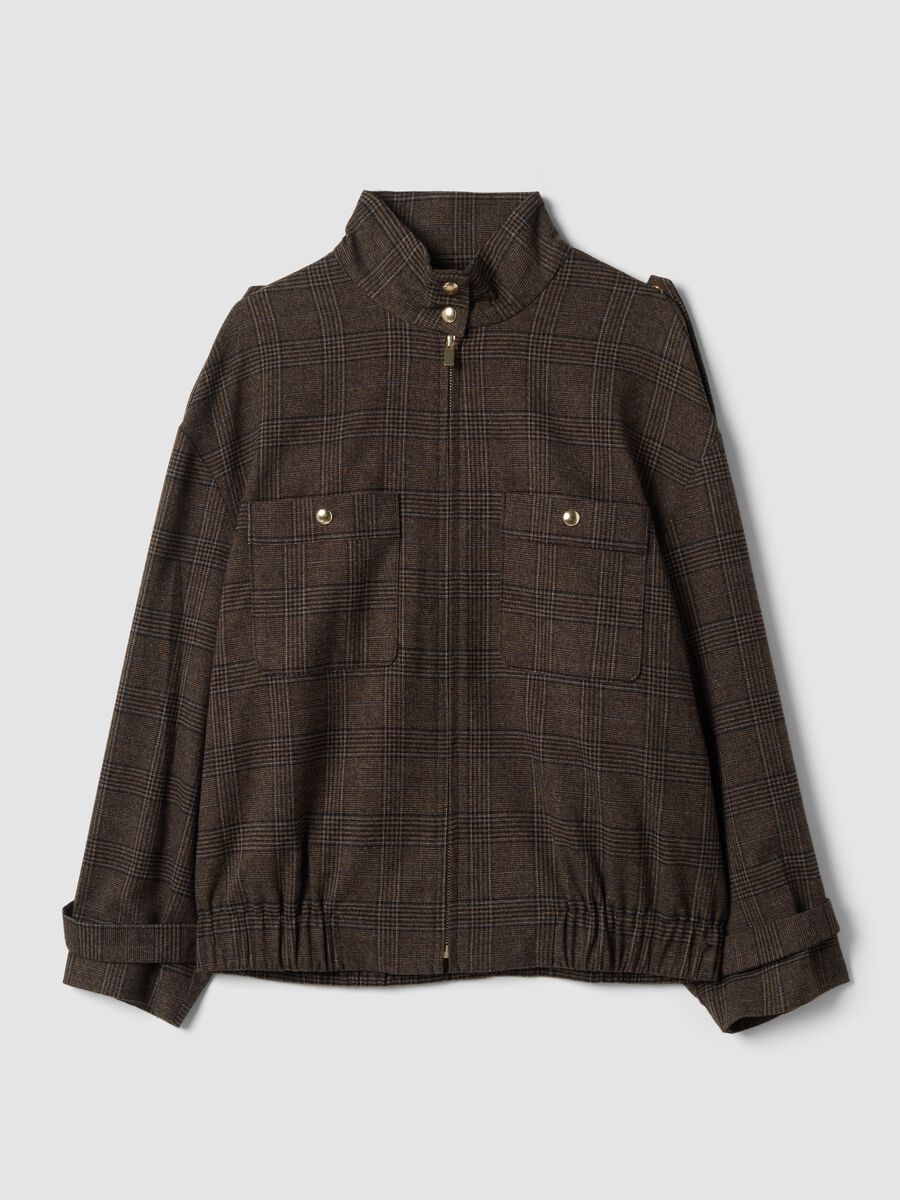 Brown checked stretch viscose shacket with oversized fit_4