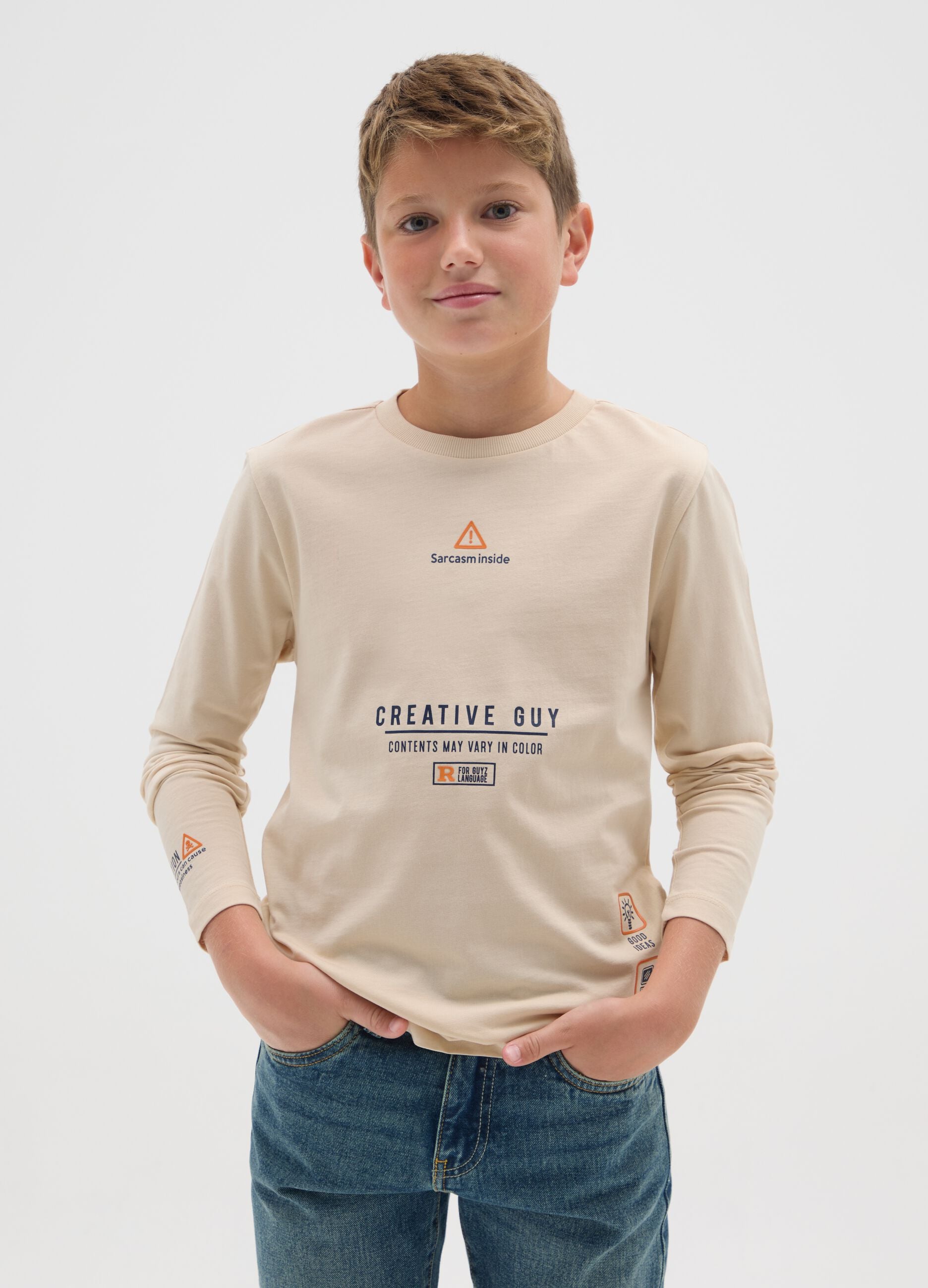 Boys' beige cotton t-shirt in regular fit