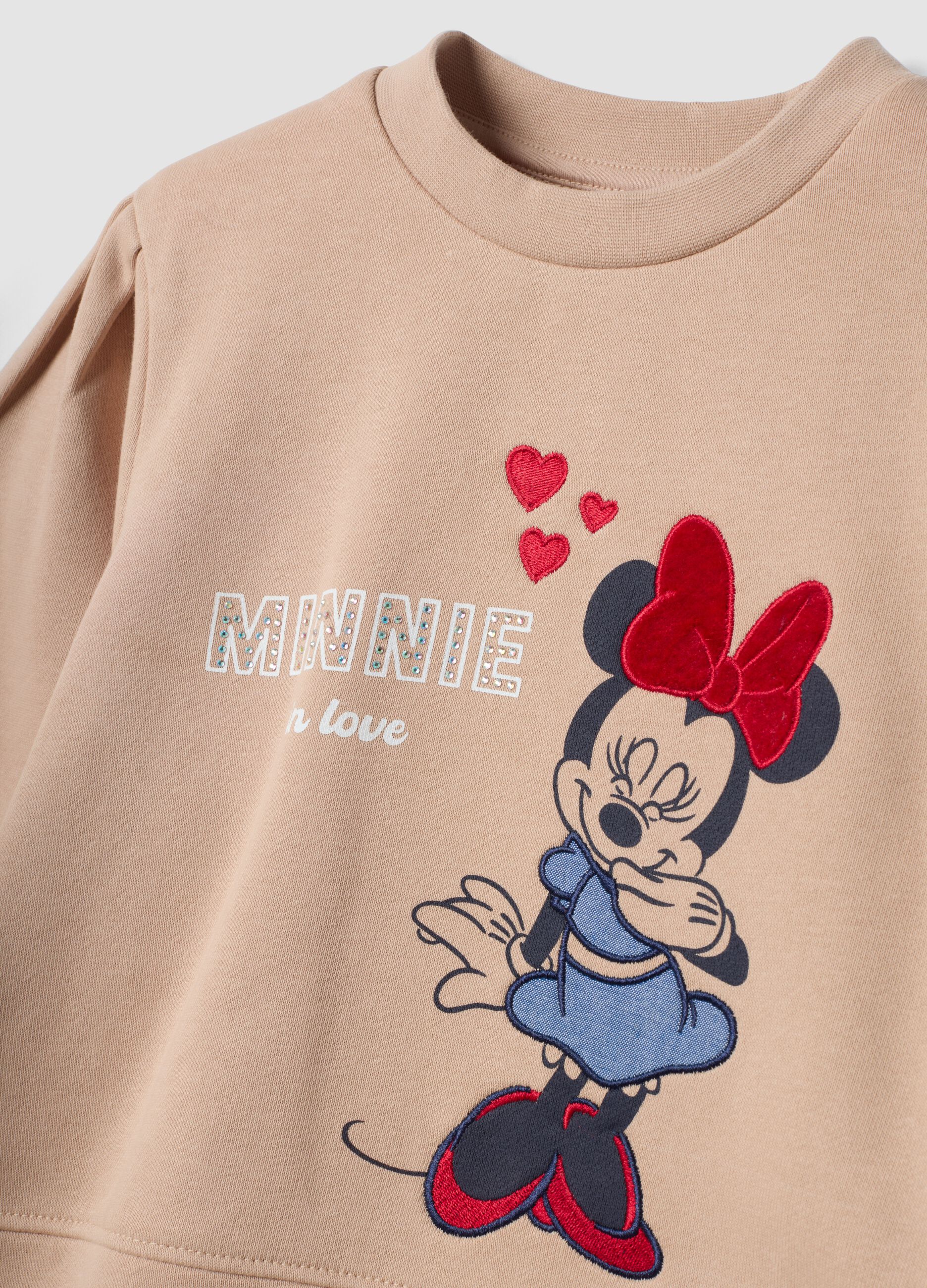 Beige cotton-blend tracksuit with crew neck and Minnie print for girls