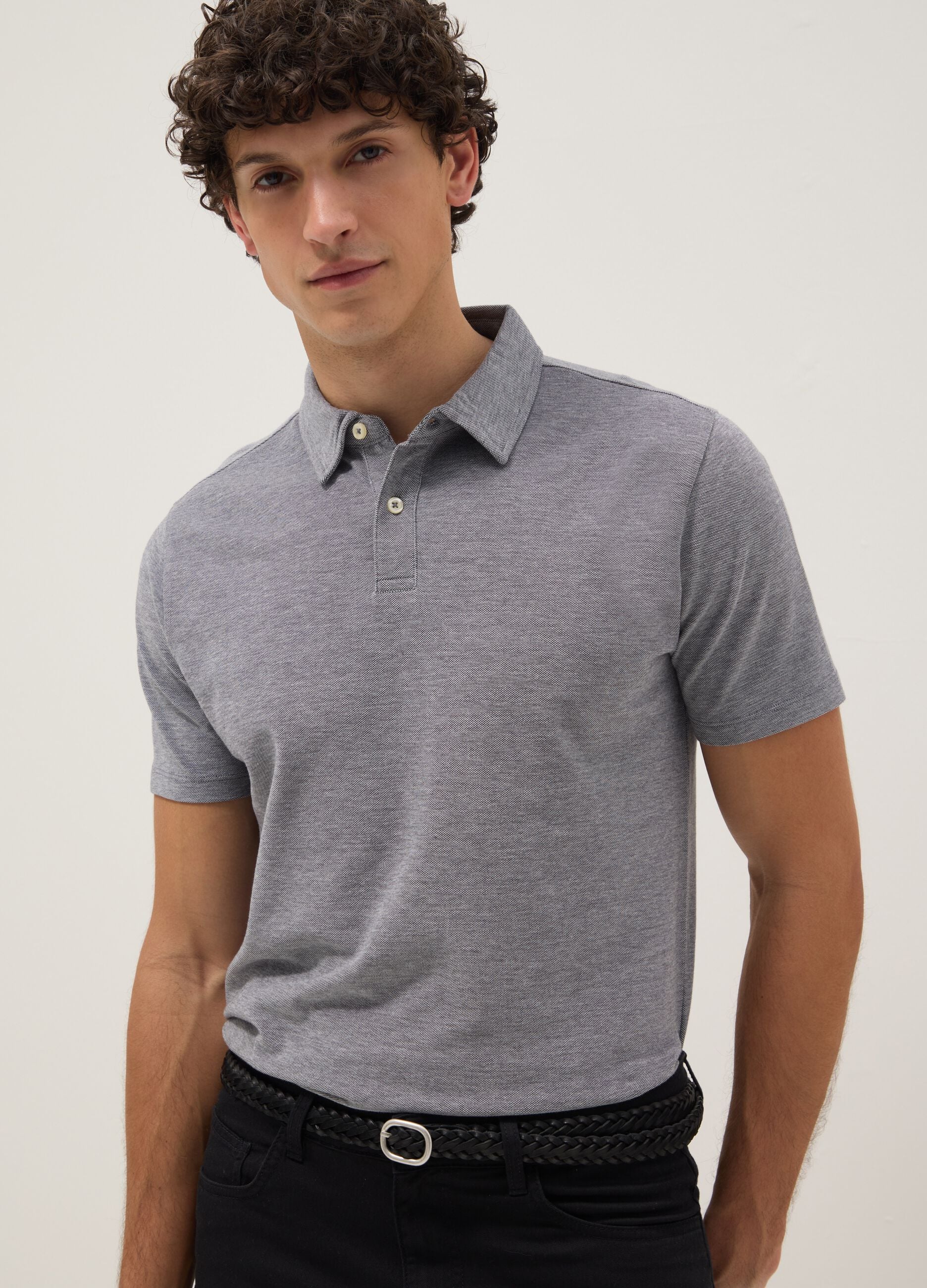 Grey short-sleeved polo shirt in pure cotton