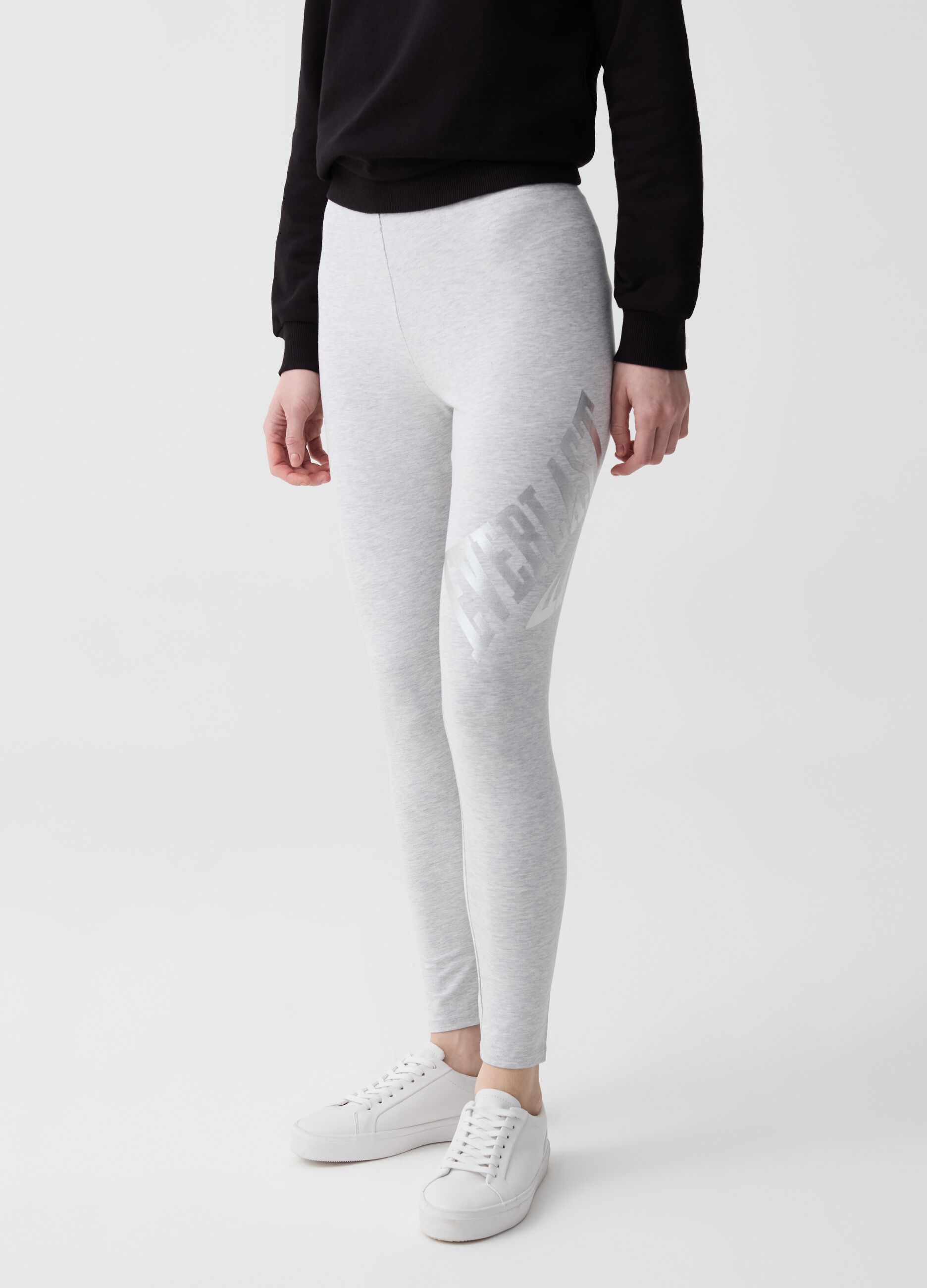 Stretch cotton leggings with logo print