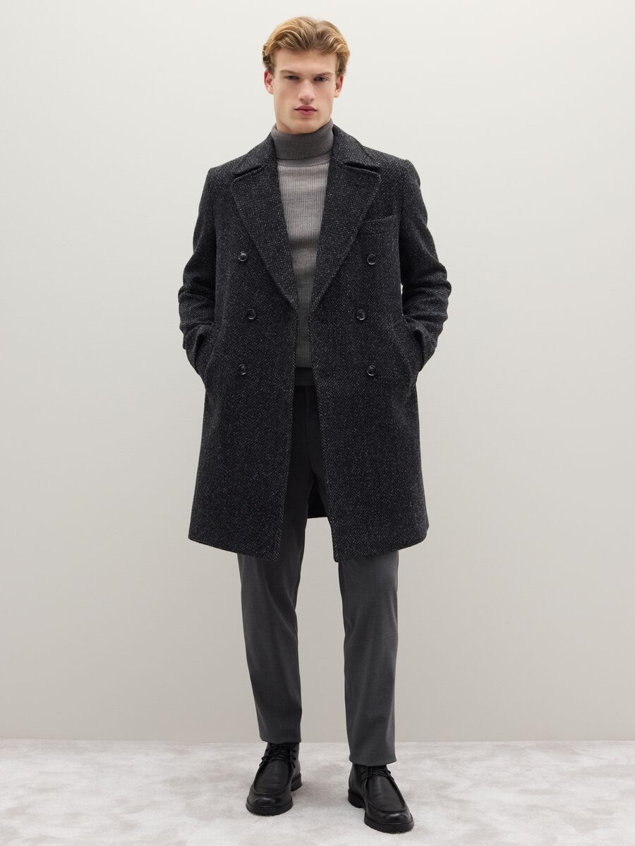 Grey herringbone double-breasted coat with regular fit_1
