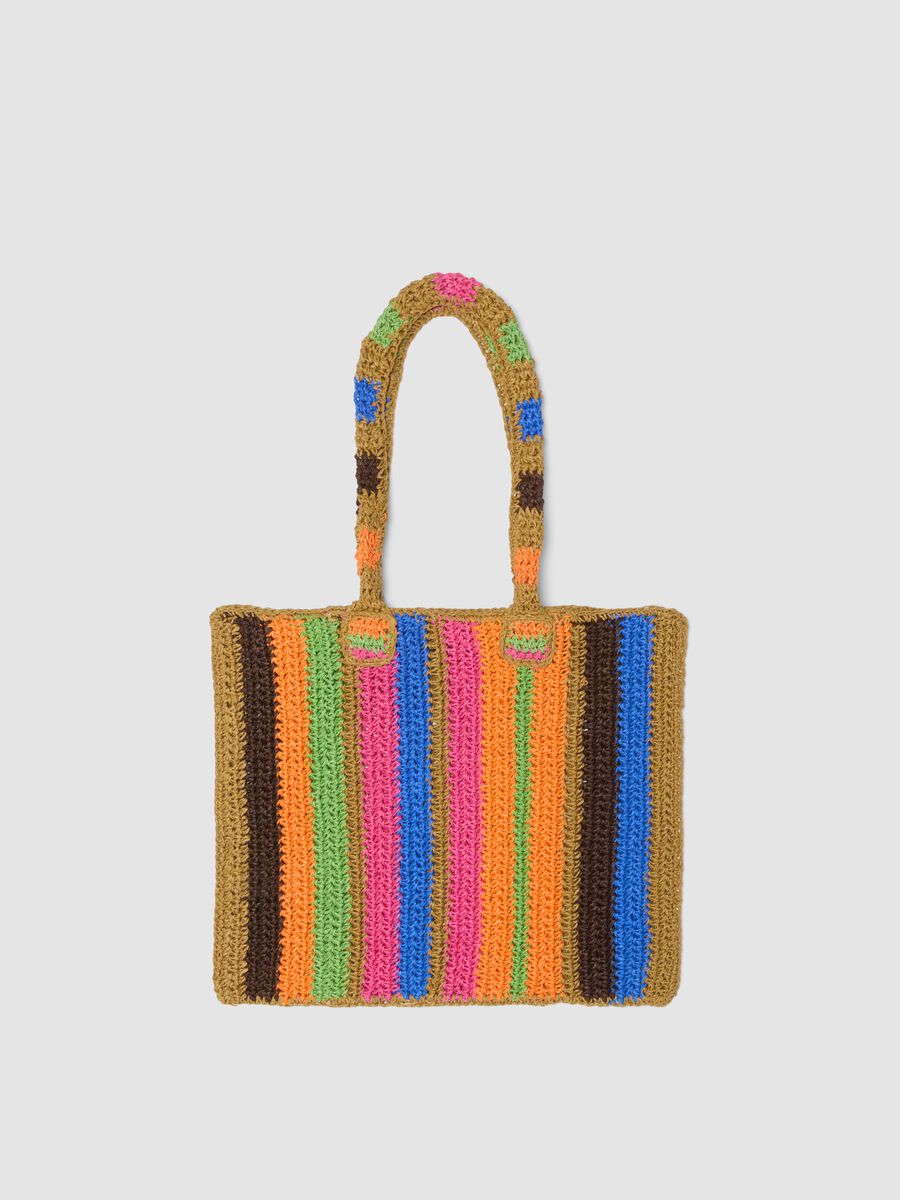 Multicoloured striped beach bag in pure paper fabric_0