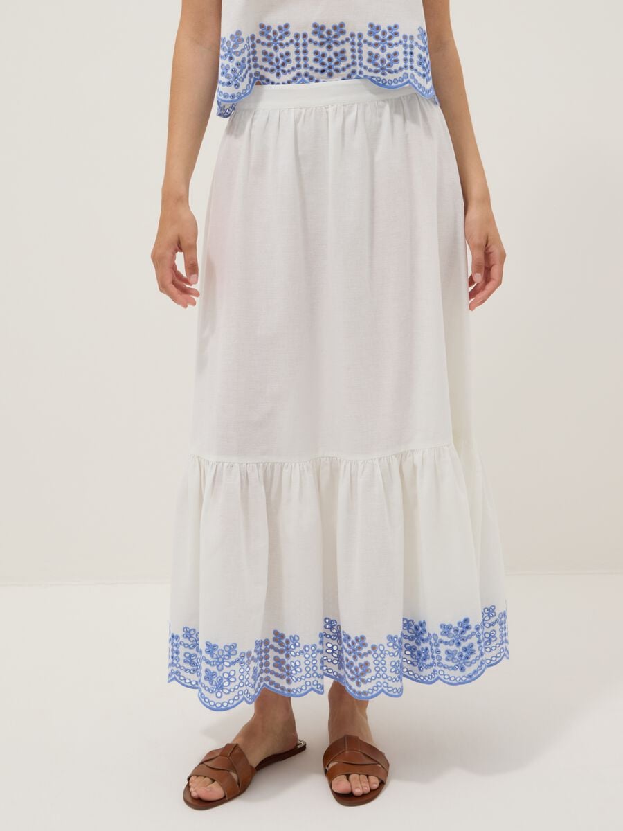 White cotton-linen blend skirt with embroidery_1