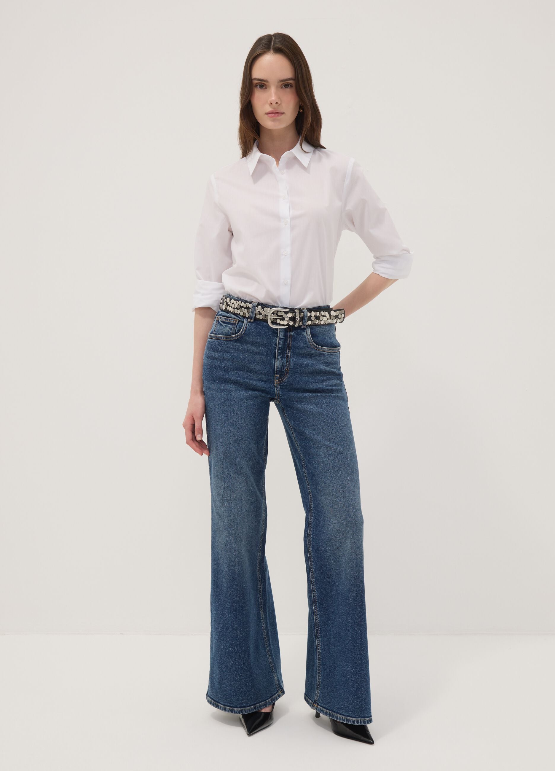 Blue high-waisted wide-leg stretch cotton jeans