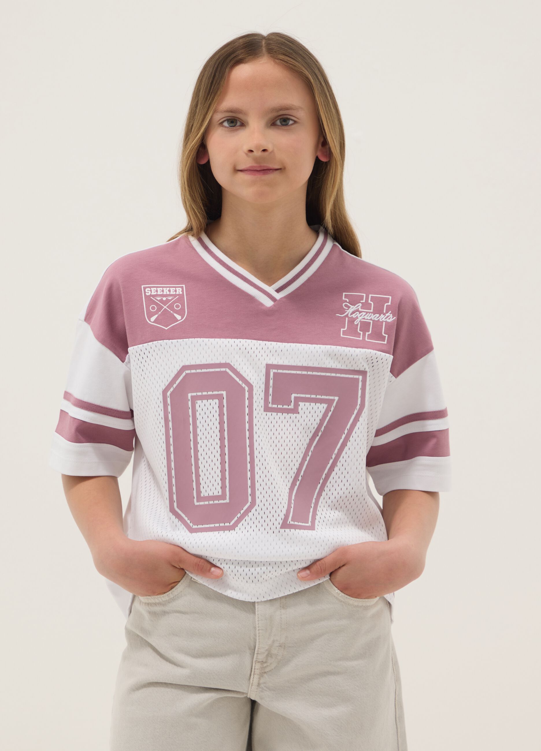 Pink and white pure cotton T-shirt with mesh texture