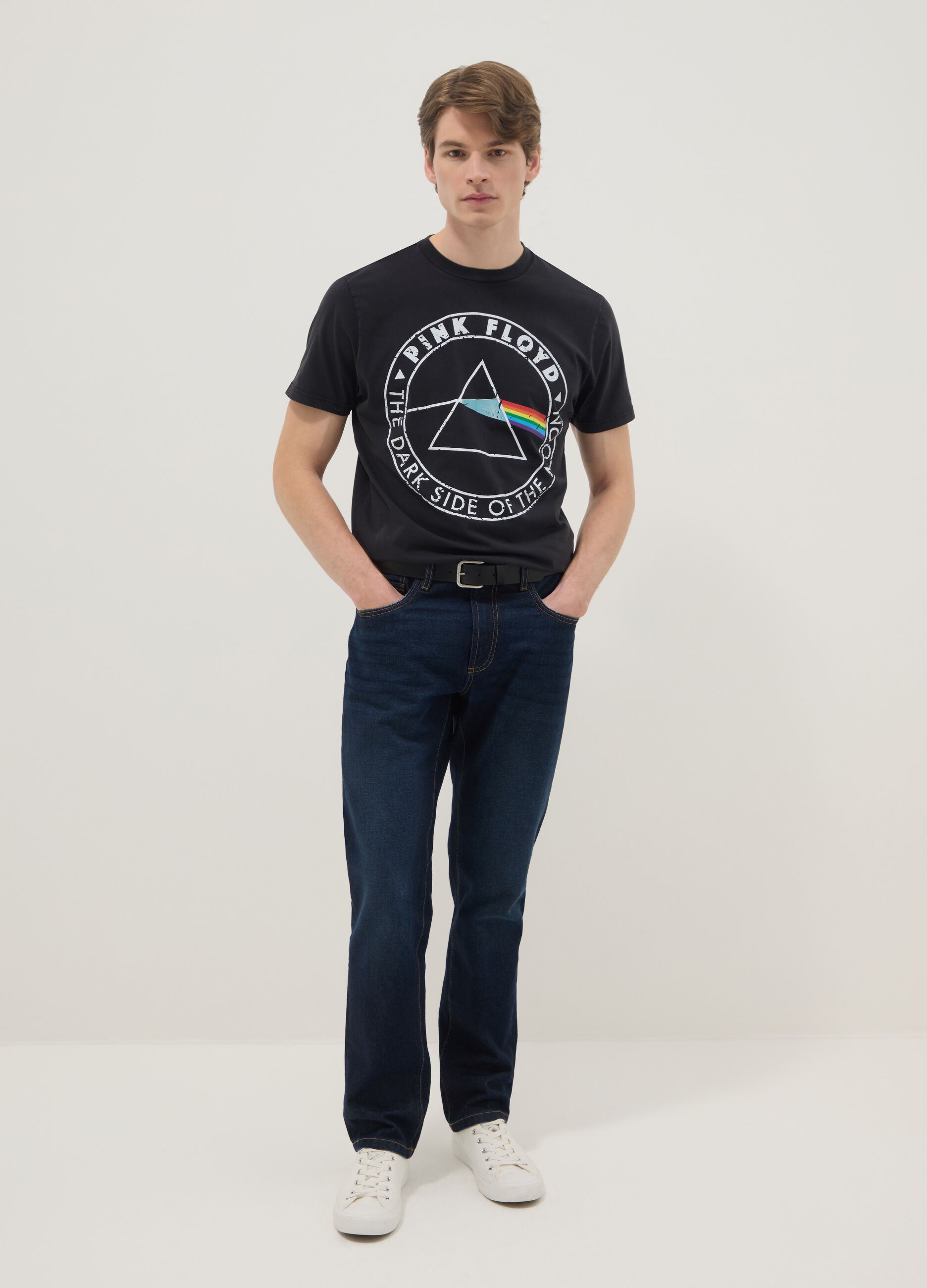 Schwarzes T-Shirt aus reiner Baumwolle im Regular Fit mit Pink Floyd-Druck