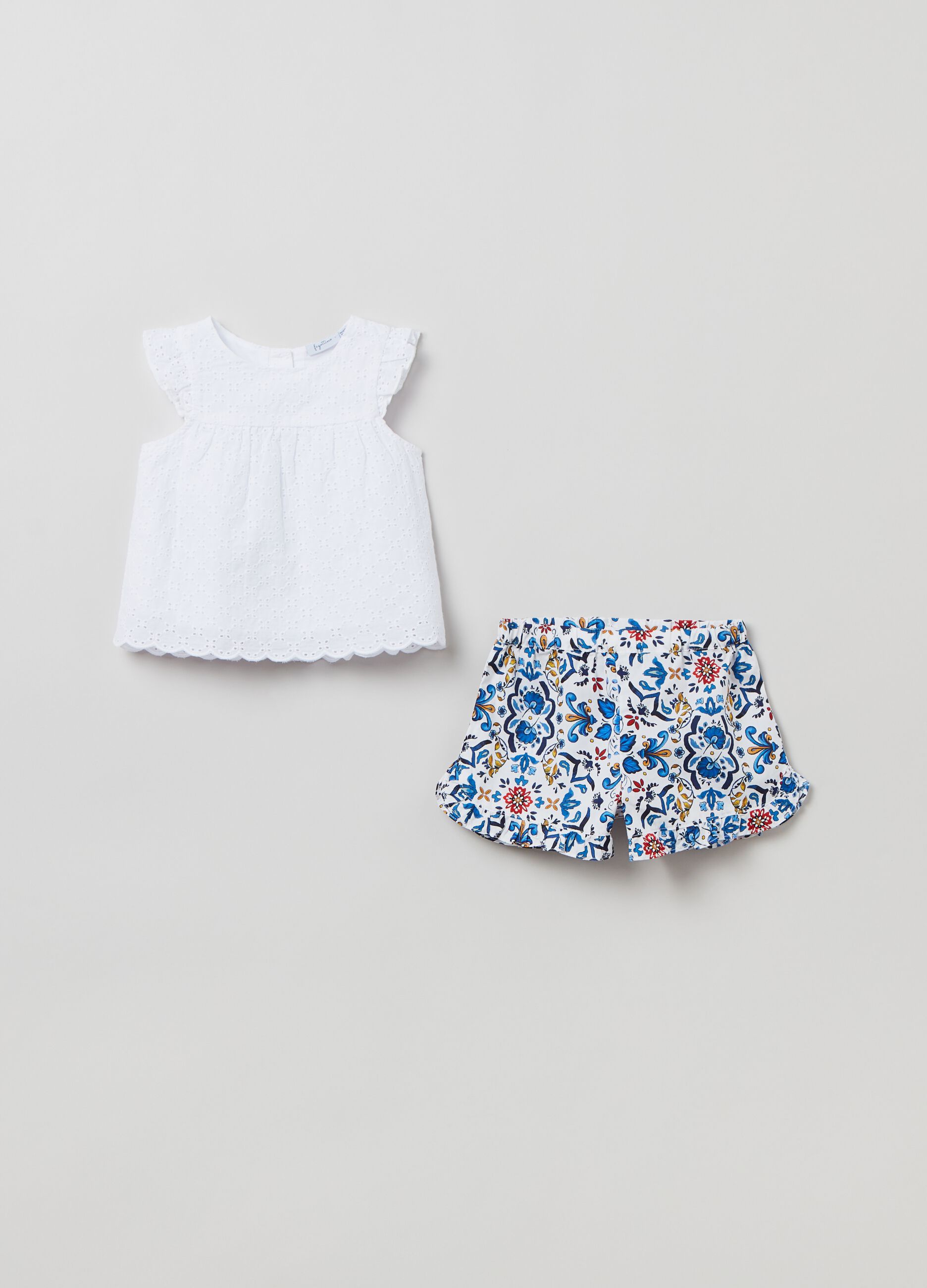 Broderie anglaise blouse and poplin shorts set