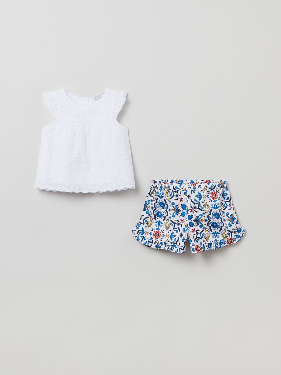 Broderie anglaise blouse and poplin shorts set_0