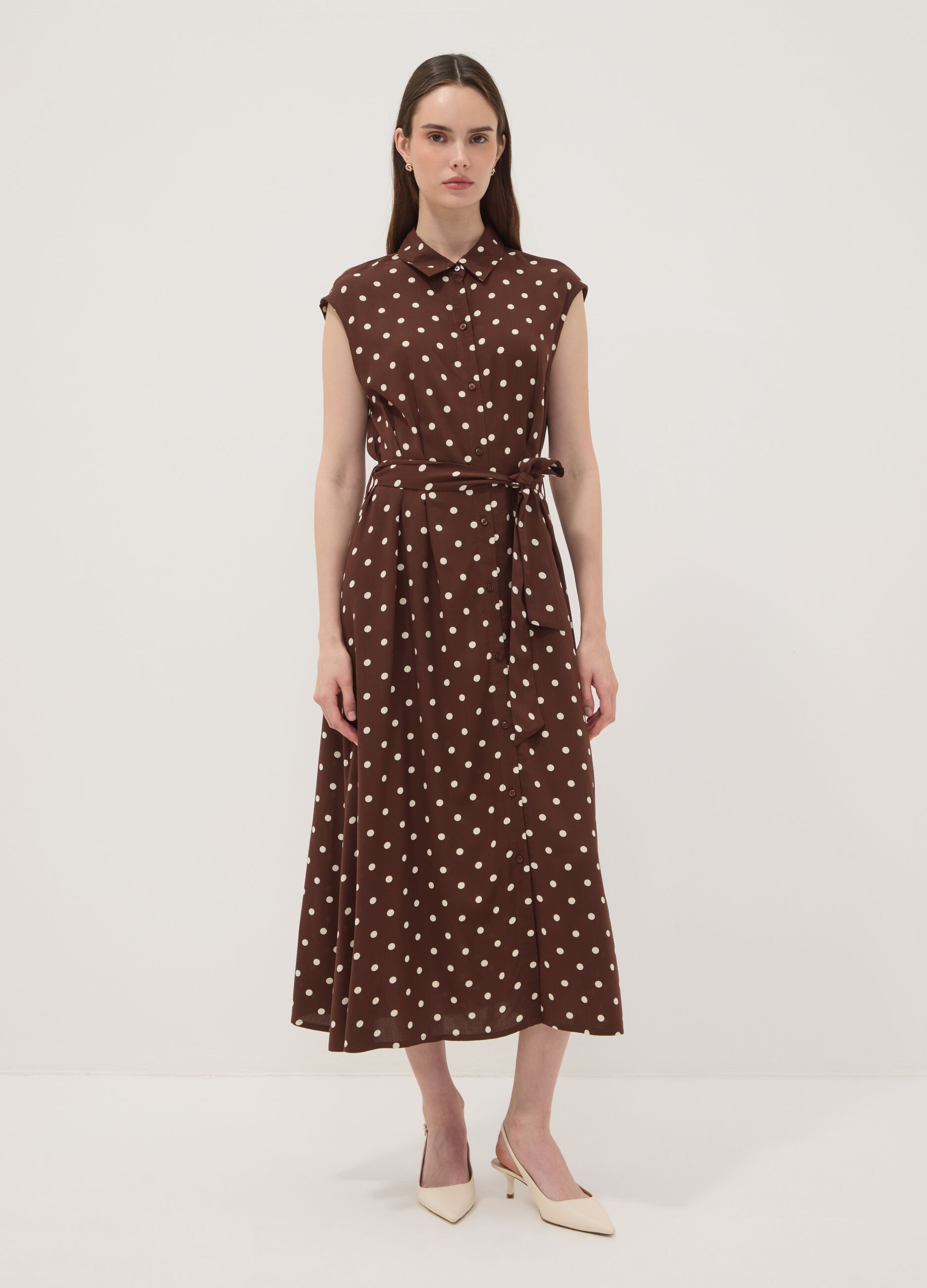 Brown midi dress in pure viscose with polka dots, regular fit