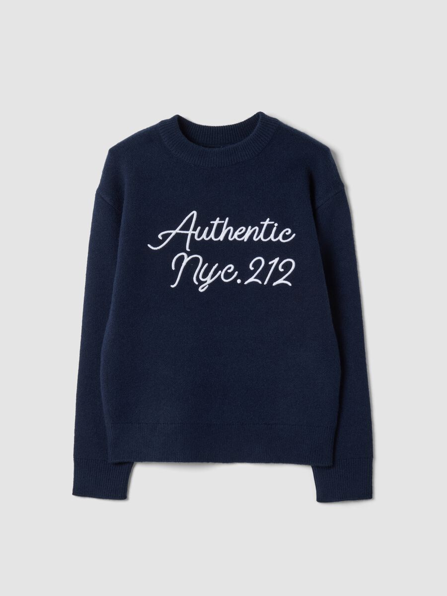 Navy blue crew-neck jumper with embroidered lettering_0