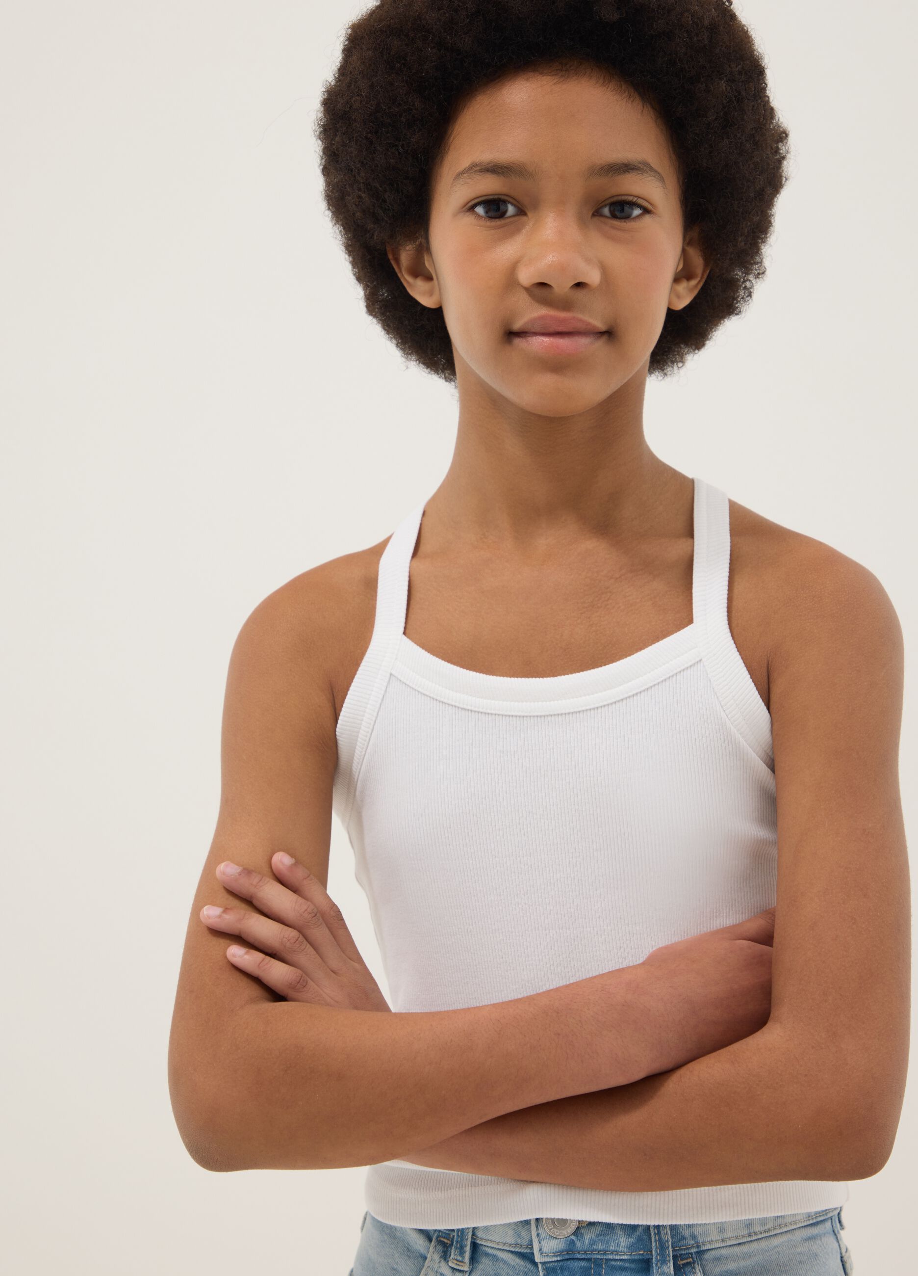 Girls' fitted white ribbed stretch cotton tank top