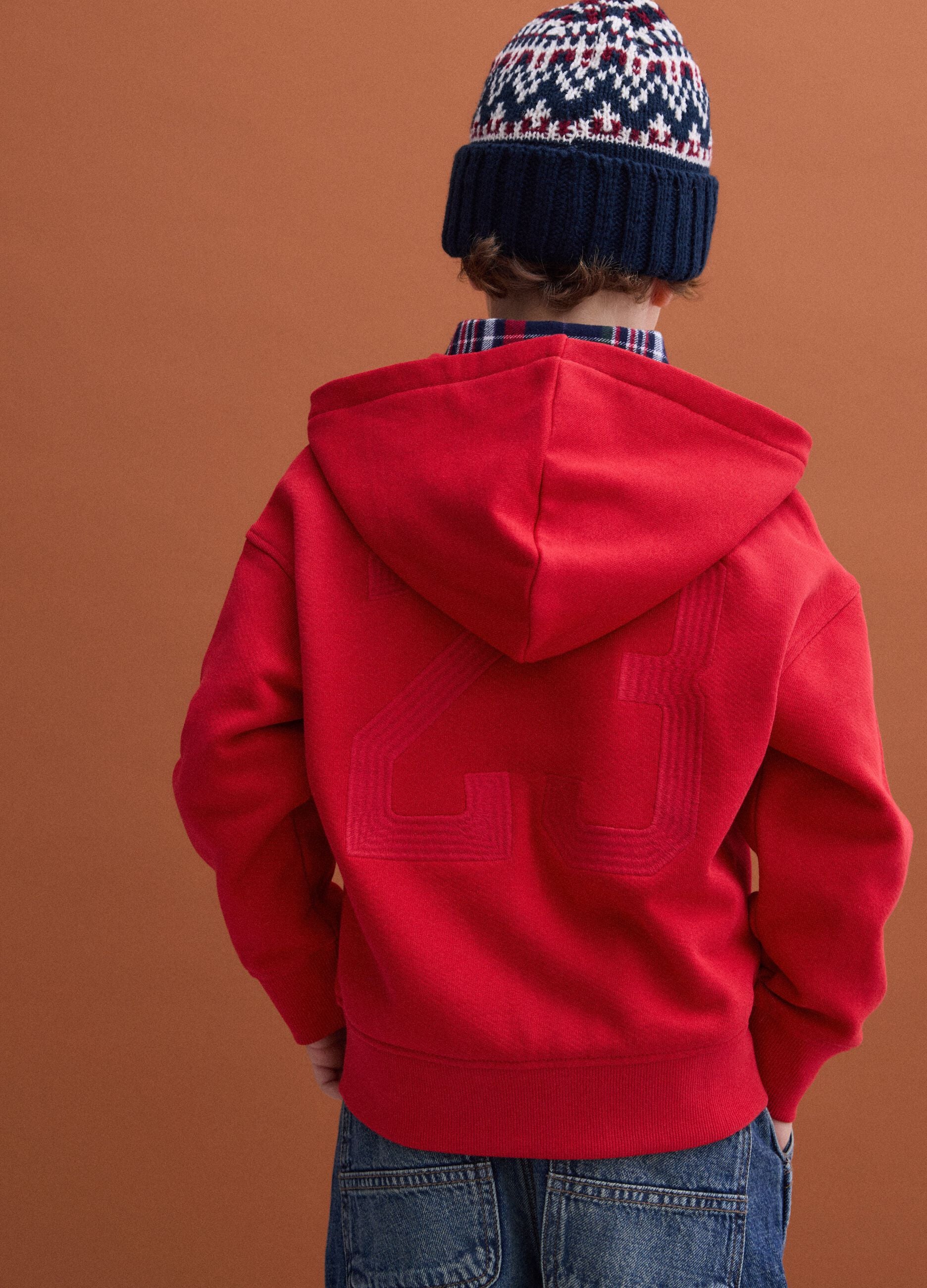Red organic cotton hoodie with embroidered details, oversized fit, for boys