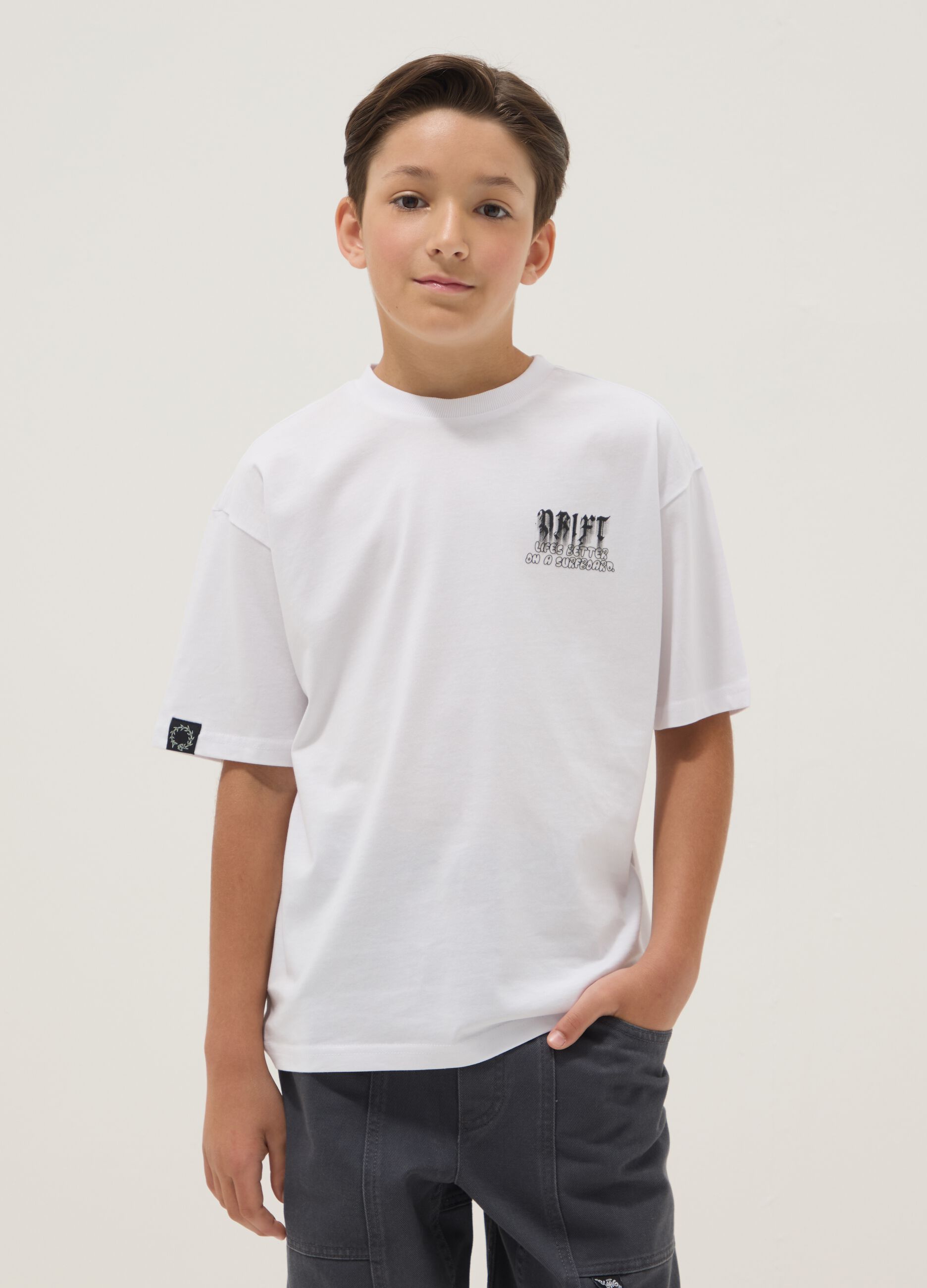 White short-sleeve pure cotton oversized-fit boys&rsquo; T-shirt