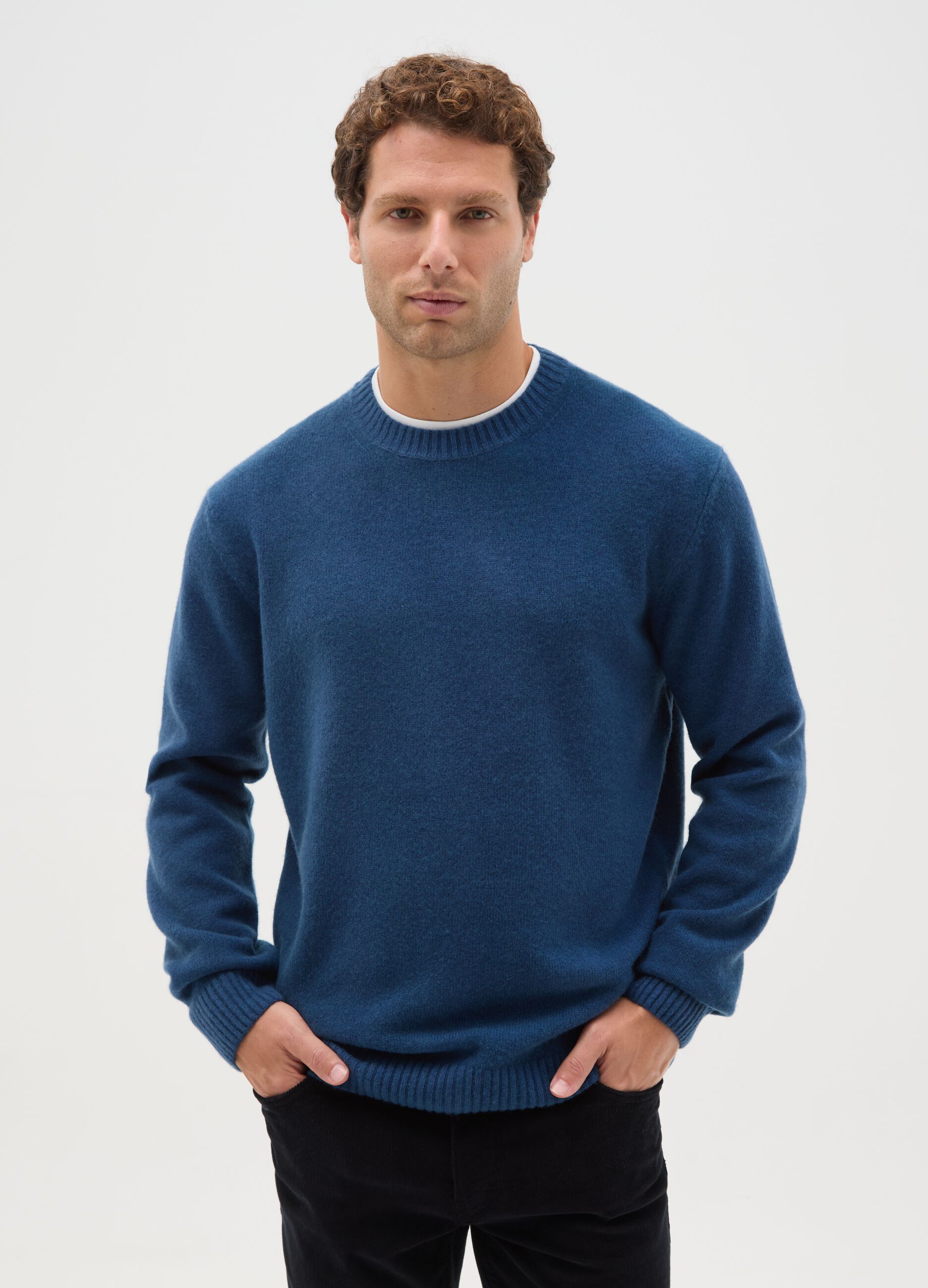 Blue Wool Blend Crew Neck Jumper Regular Fit