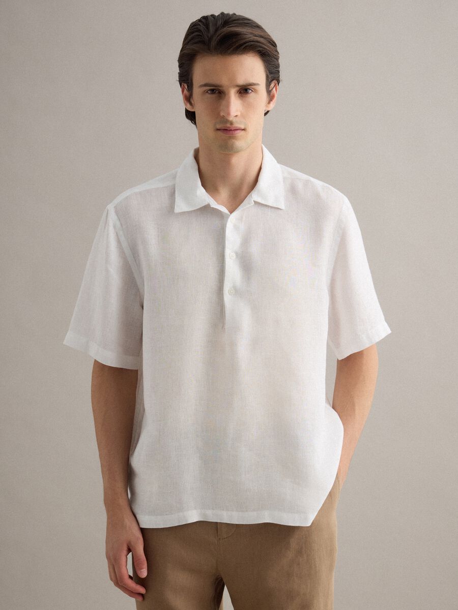 White pure linen regular fit shirt with bowling collar_1
