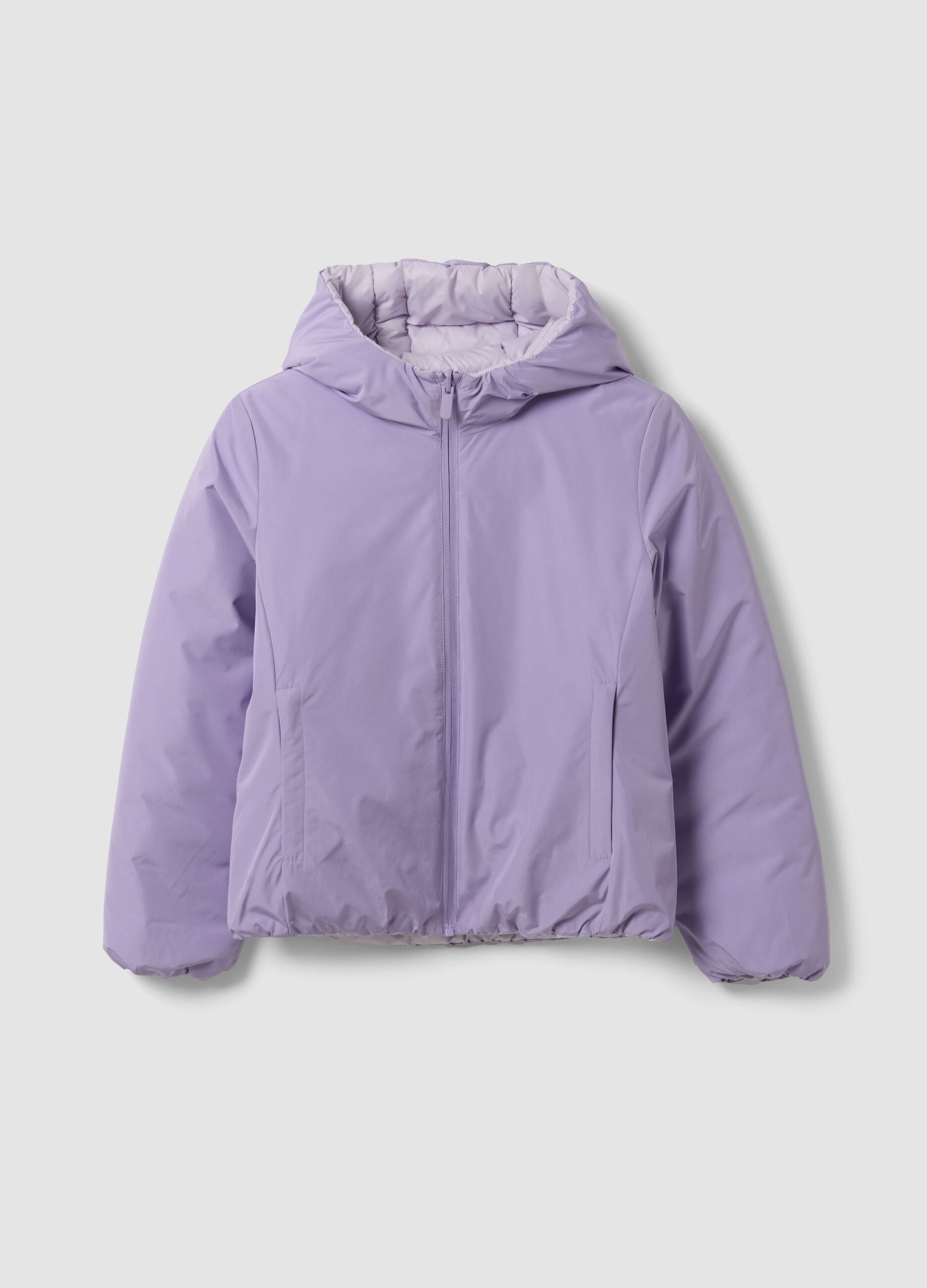 Casaco ultralight roxo revers&iacute;vel com capuz e fecho de correr para menina