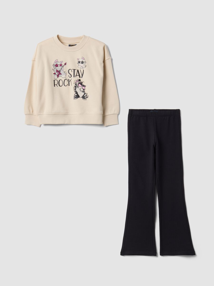 Beige and black pure cotton tracksuit with crewneck sweatshirt for girls_0