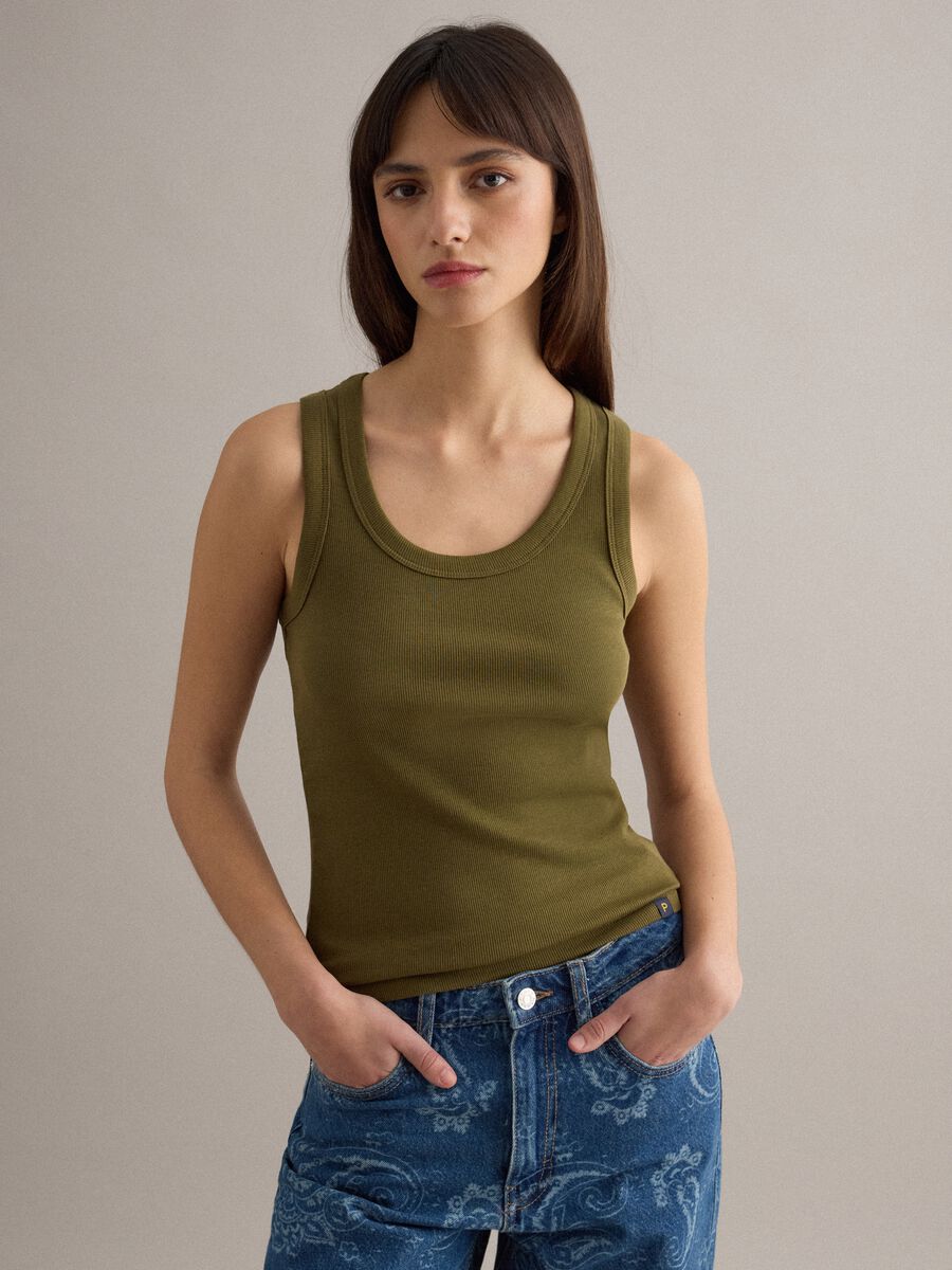 Green stretch cotton regular fit tank top_1