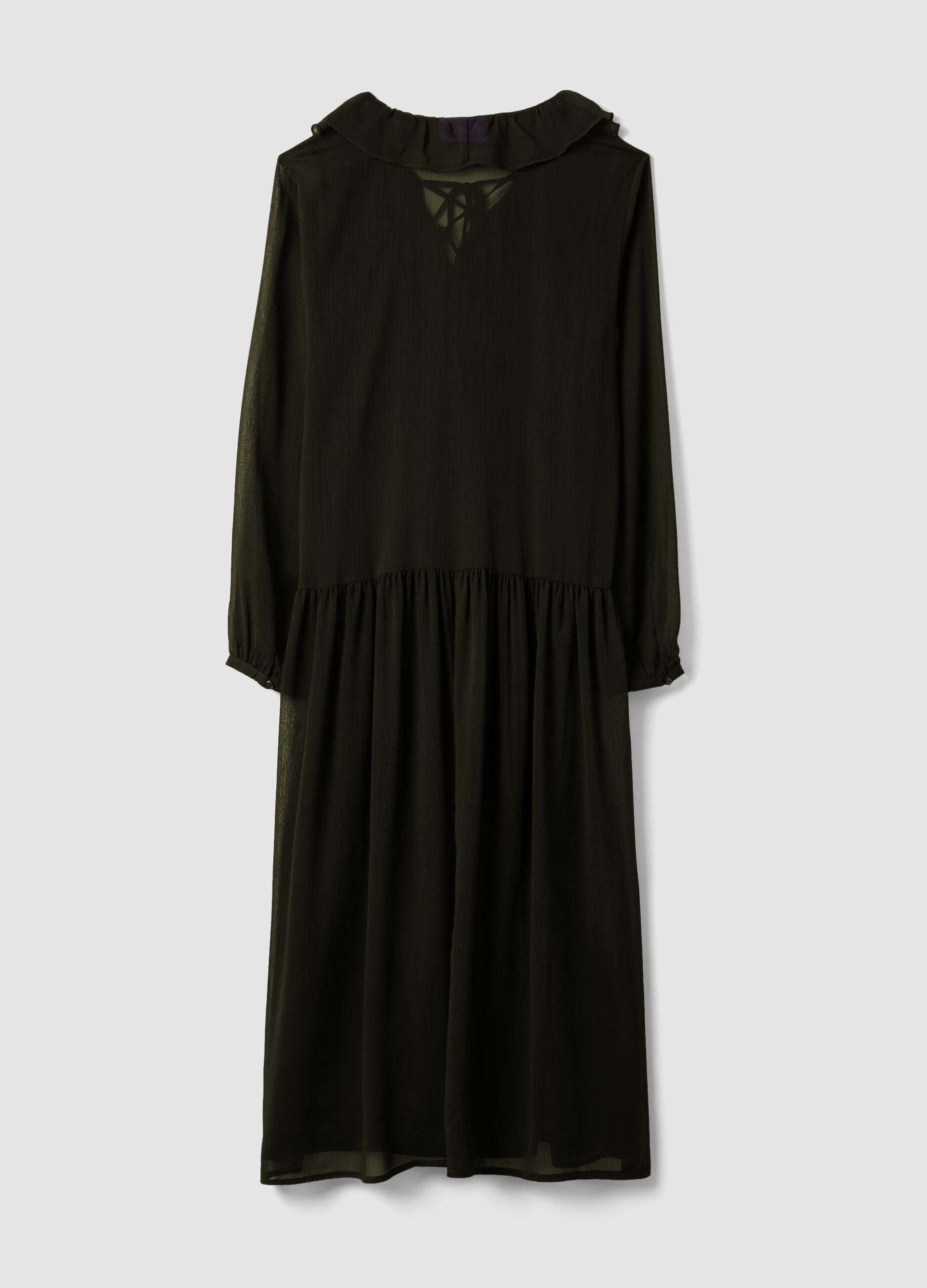 Black dress with deep V-neck and ruffles
