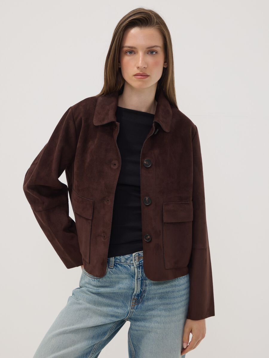 Brown regular-fit shacket with patch pockets_1