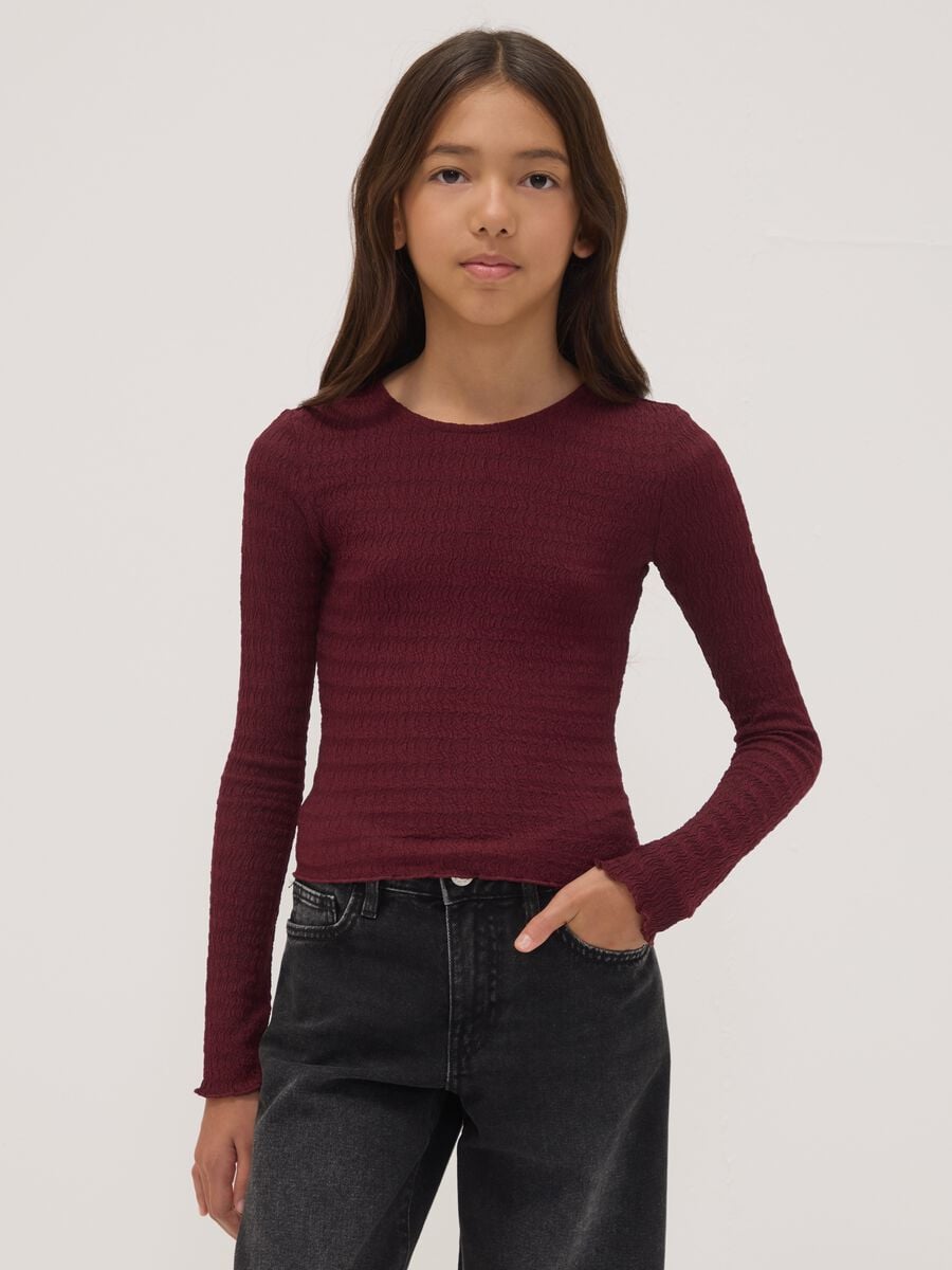 Rotes Langarm-T-Shirt aus Stretchstoff mit Rundhalsausschnitt_1