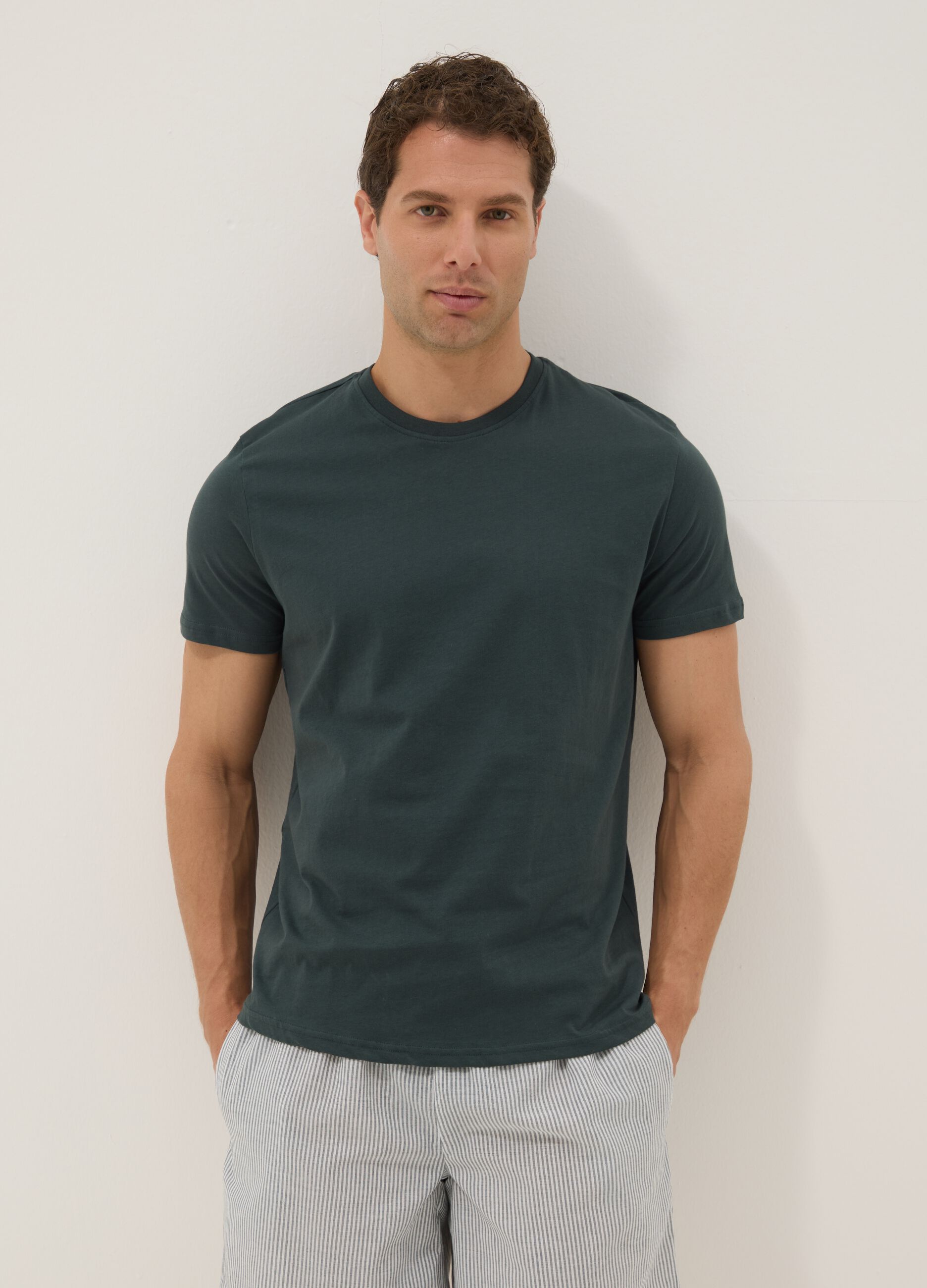 Green short-sleeve striped pyjama set in pure organic cotton jersey