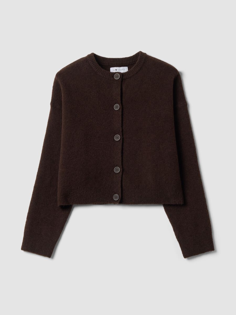 Cardigan marrone in tessuto elasticizzato con girocollo over fit_0